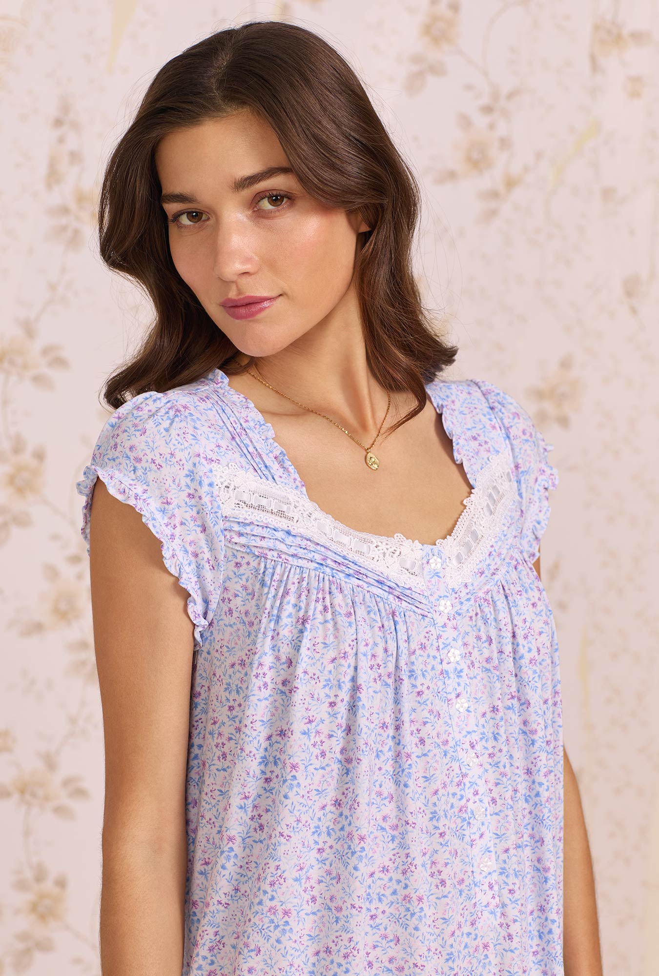 A lady wearing Periwinkle Floral Knit Waltz Nightgown