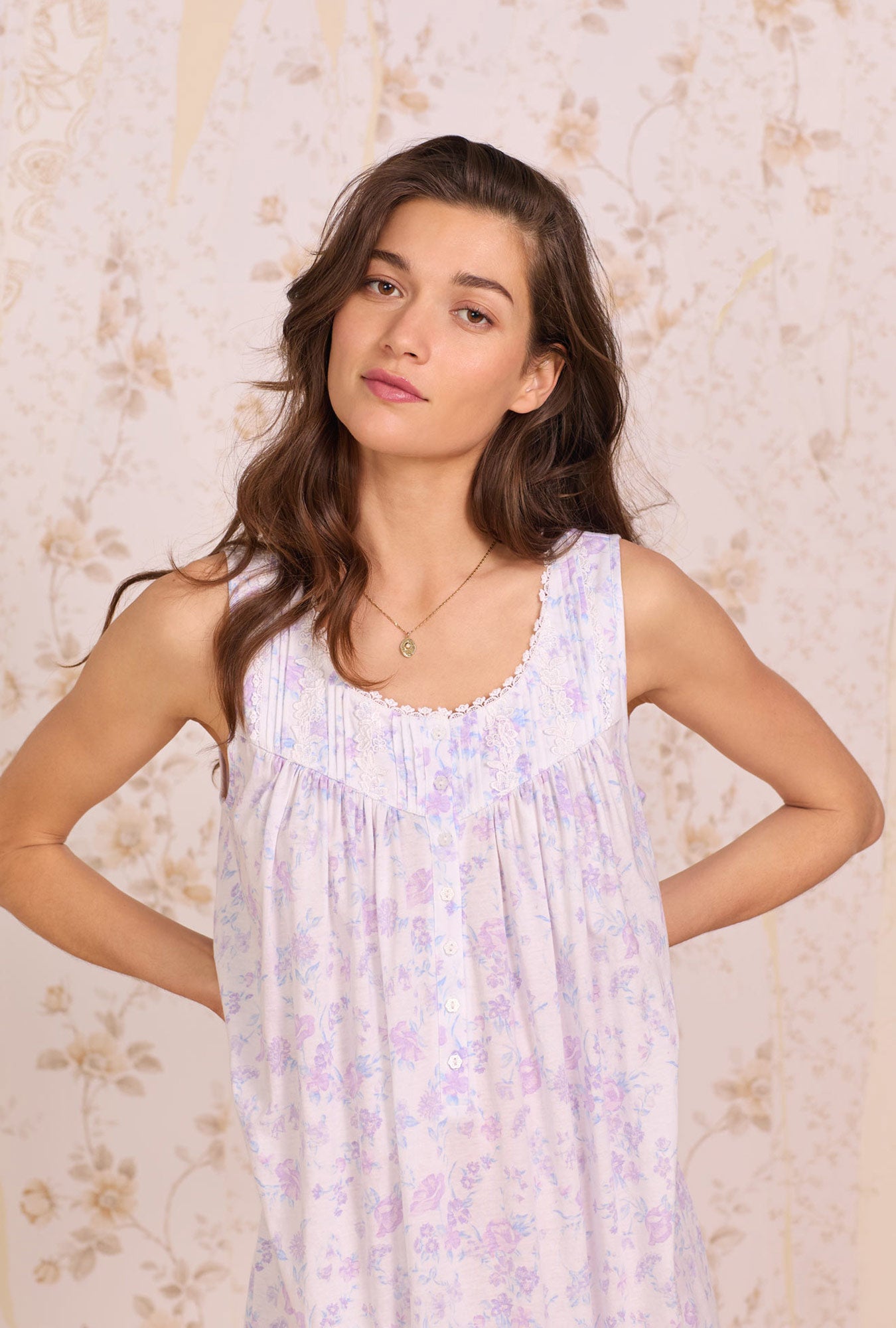 A lady wearing Lavender Dream Floral Knit Chemise