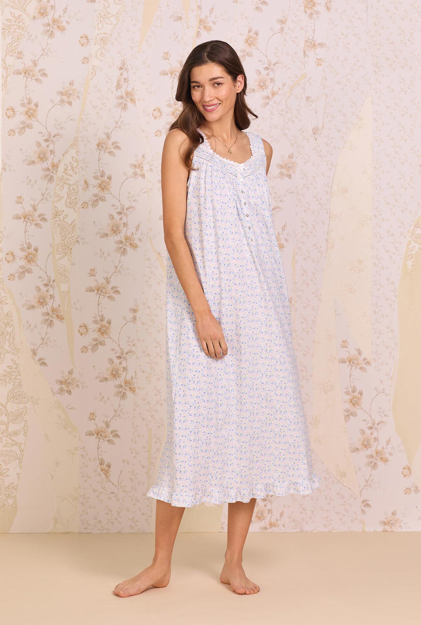 A lady wearing Summer Floral Cotton Knit Long Nightgown