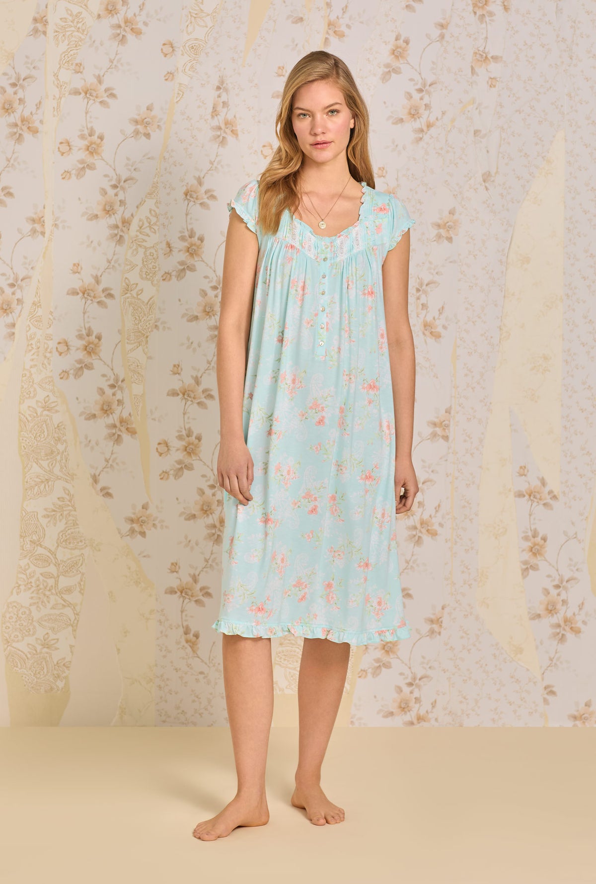 A lady wearing Aqua Wildflower Waltz Knit Nightgown