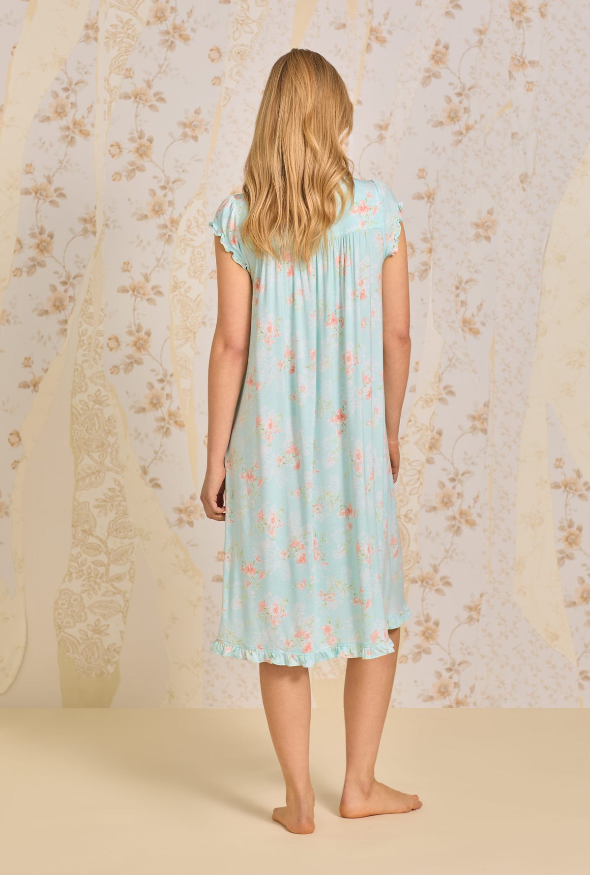 A lady wearing Aqua Wildflower Waltz Knit Nightgown