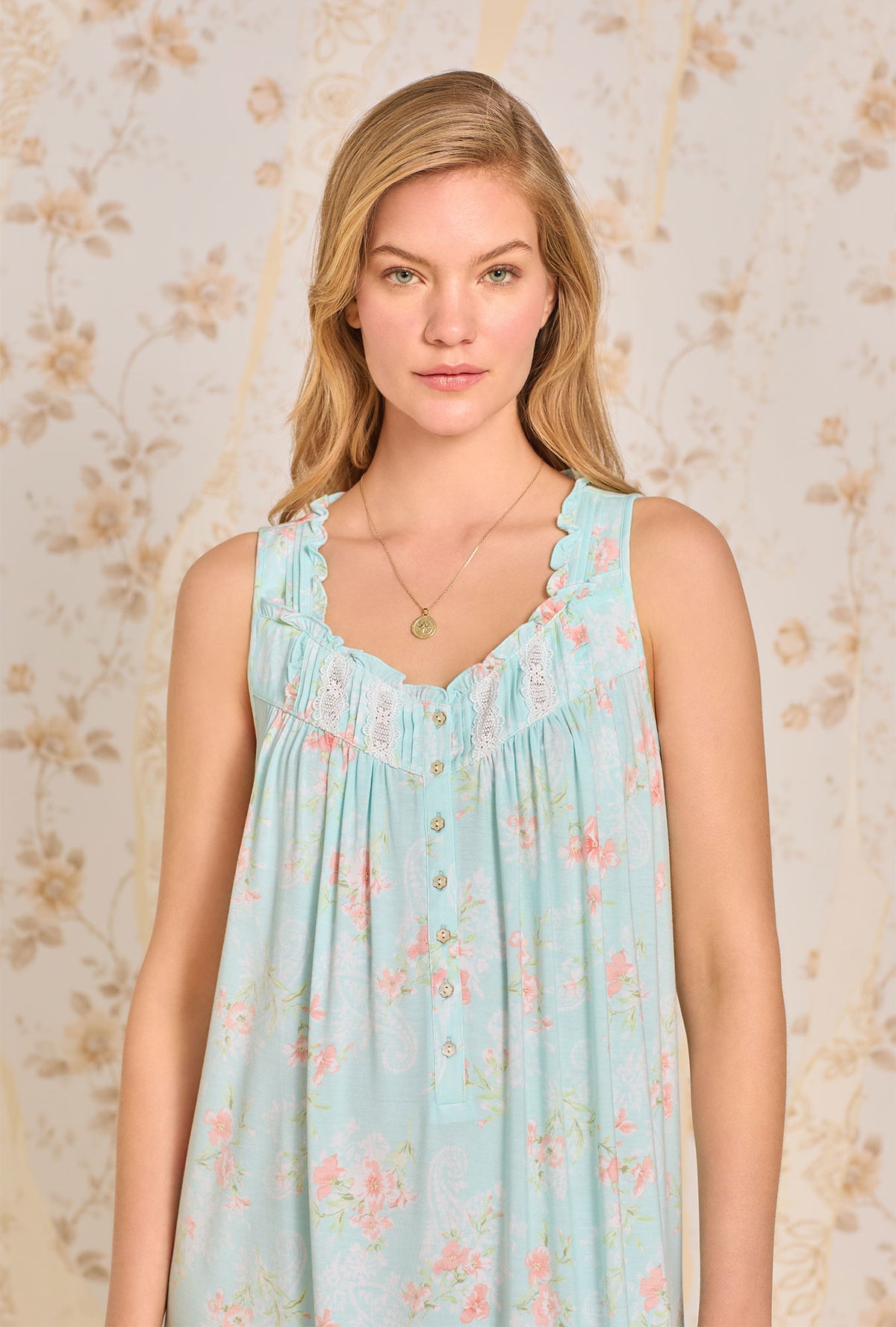 A lady wearing Aqua Wildflower Knit Nightgown