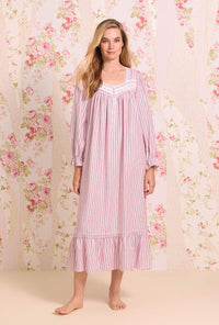 Berry Stripe Cotton Rayon Flannel Long Nightgown