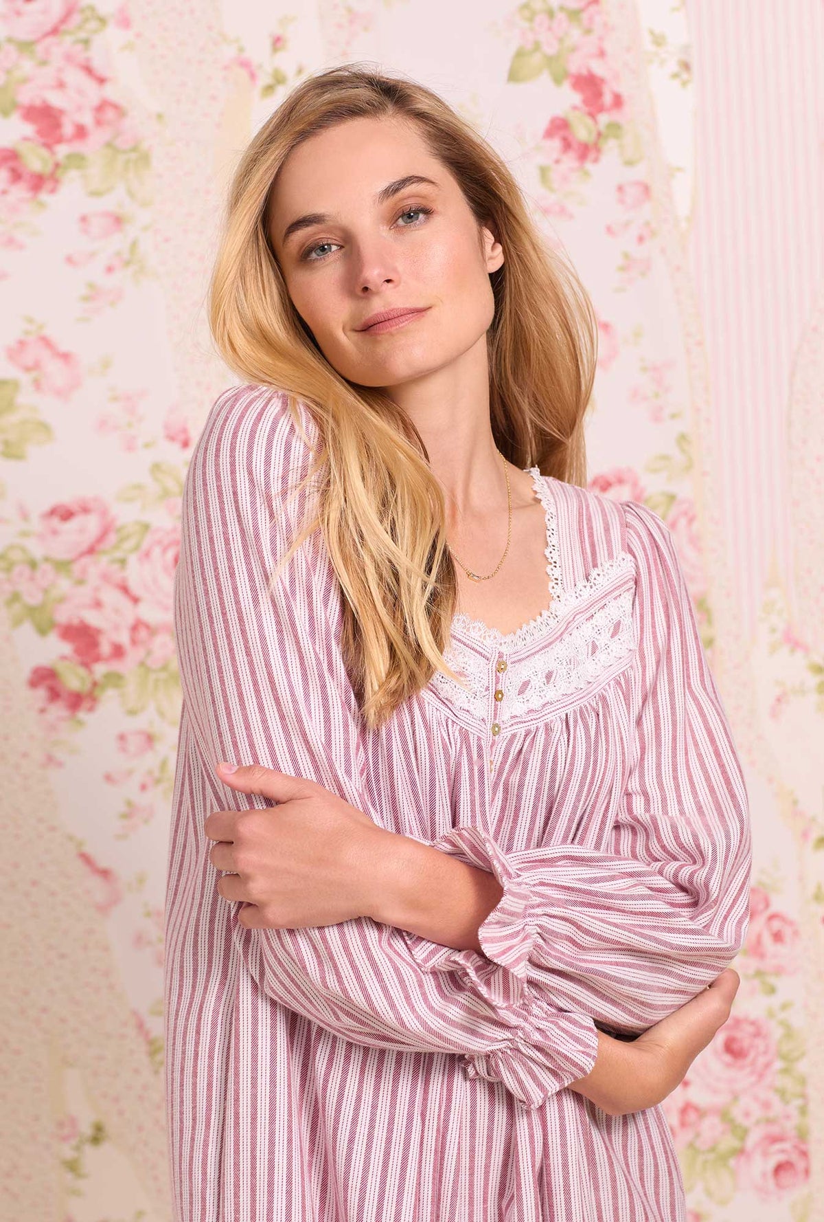 Berry Stripe Cotton Rayon Flannel Long Nightgown