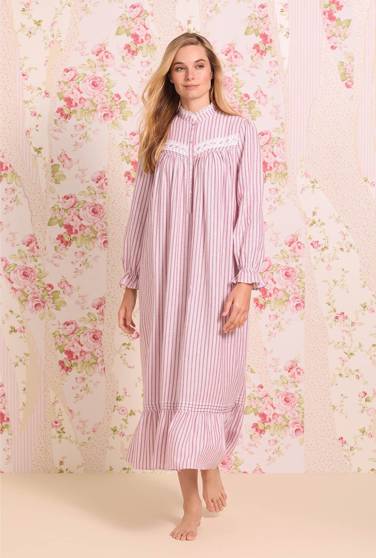 Berry Stripe Cotton Rayon Flannel Highneck Nightgown