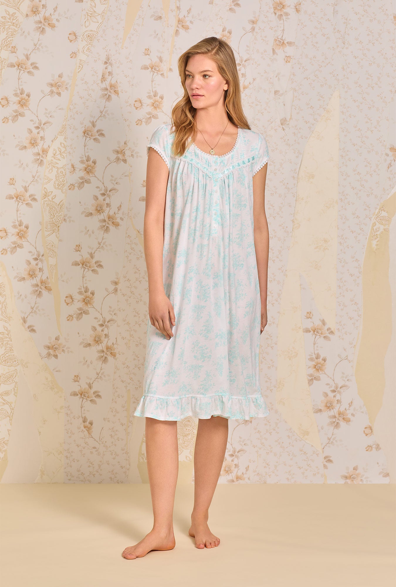 A lady wearing Aqua Dream Floral Waltz Knit Nightgown