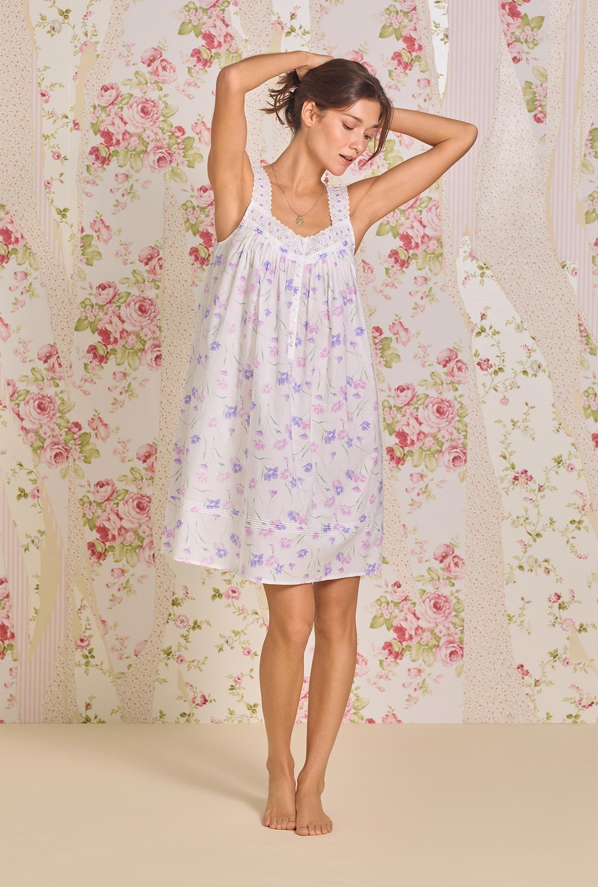 A lady wearing Royal Daisy Cotton Lawn Short Chemise