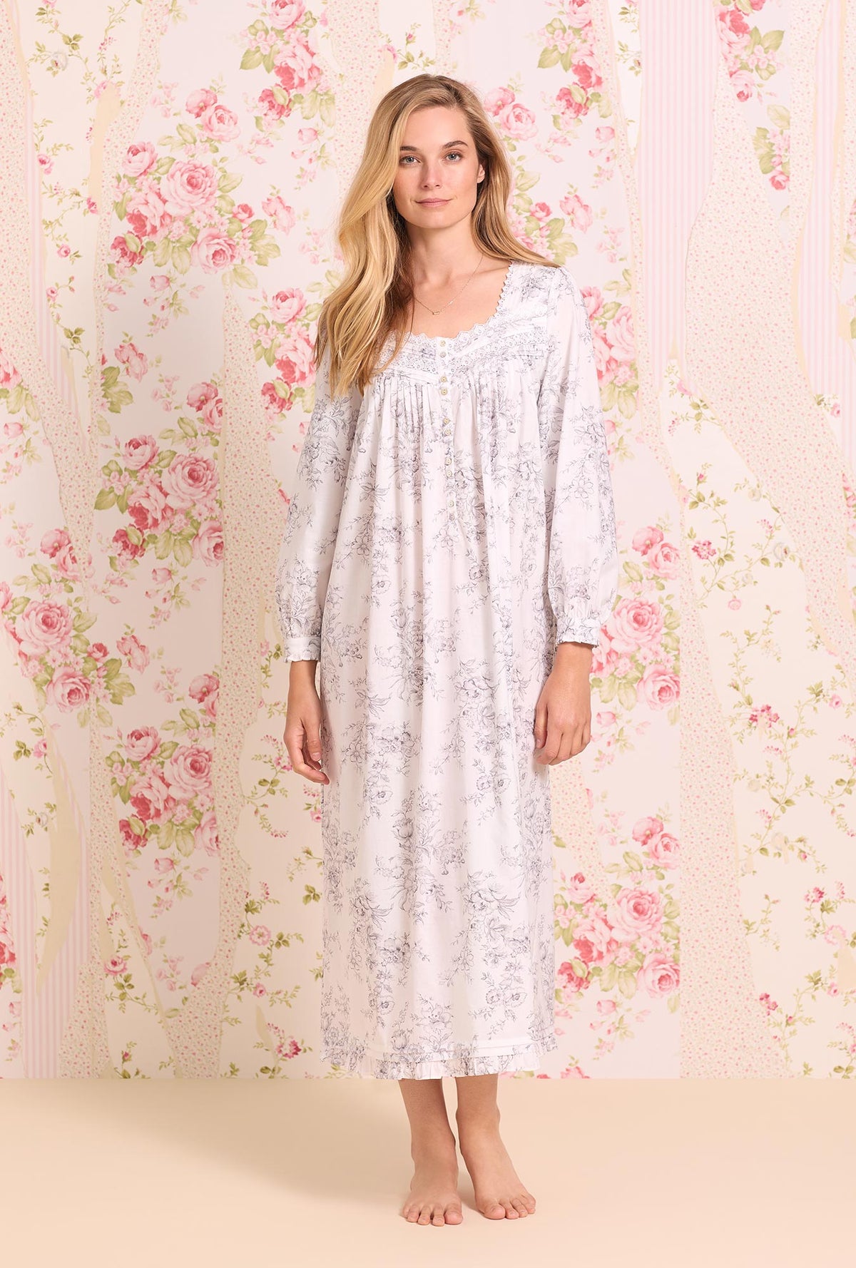 Grey Toile Long Sleeve Cotton Nightgown