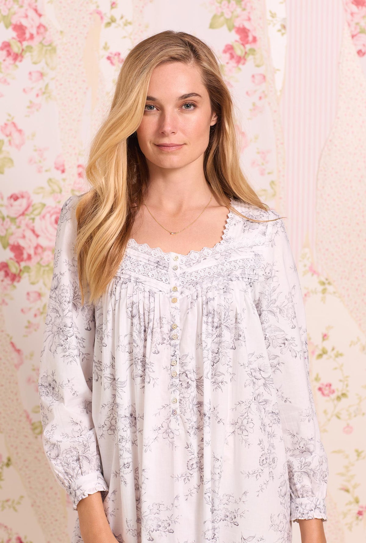 Grey Toile Long Sleeve Cotton Nightgown