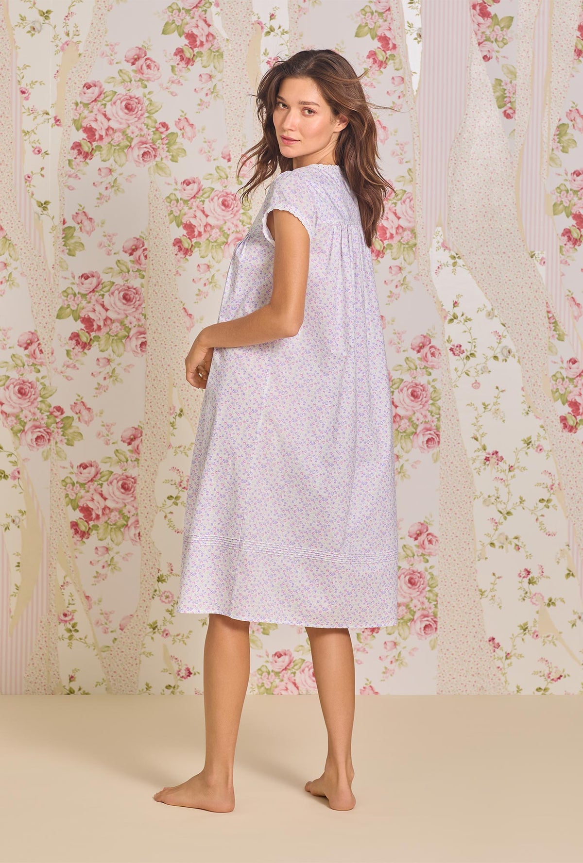 A lady wearing Wild Tulip Cotton Lawn Waltz Nightgown