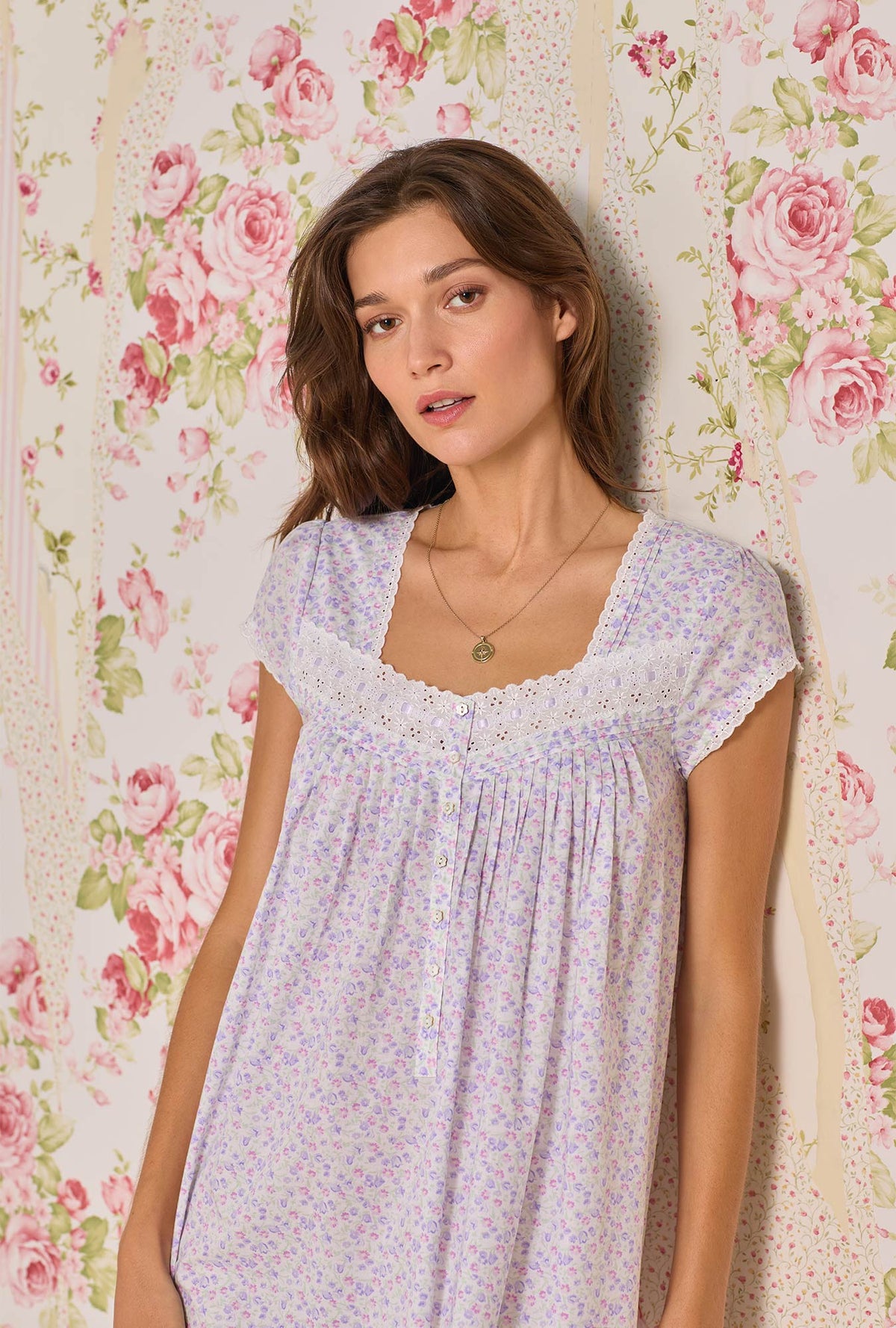 A lady wearing Wild Tulip Cotton Lawn Waltz Nightgown