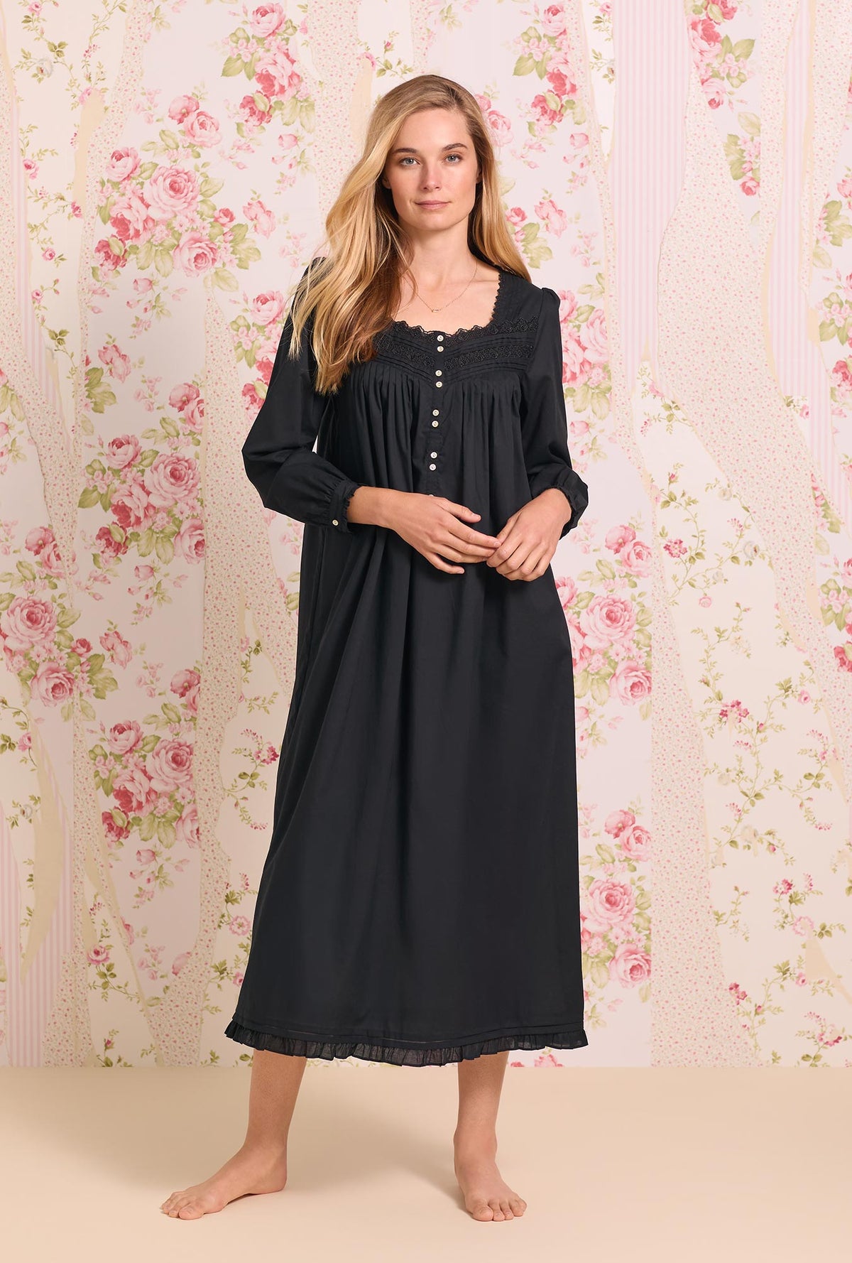 Classic Black Long Sleeve Cotton Nightgown Eileen West