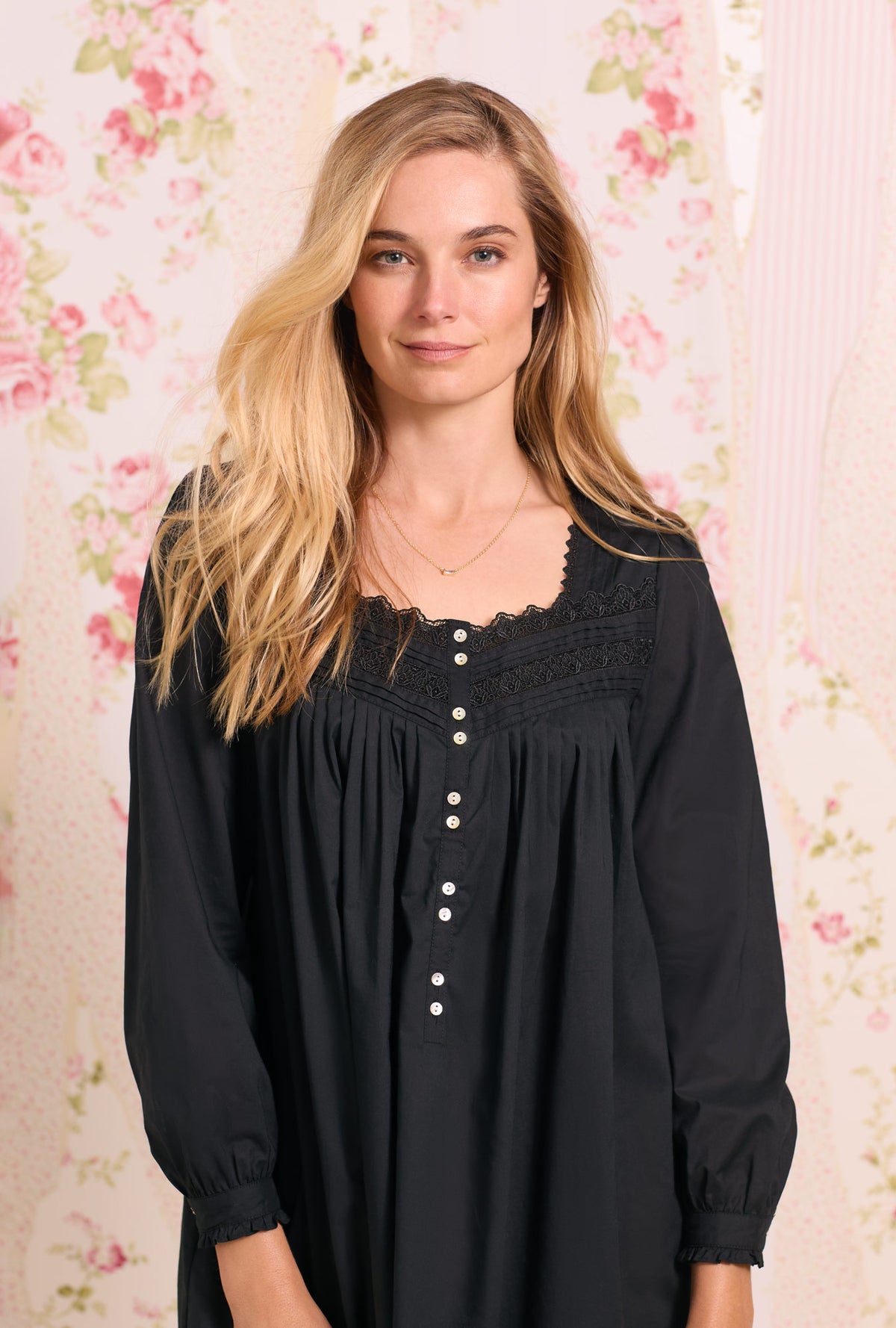 Classic Black Long Sleeve Cotton Nightgown