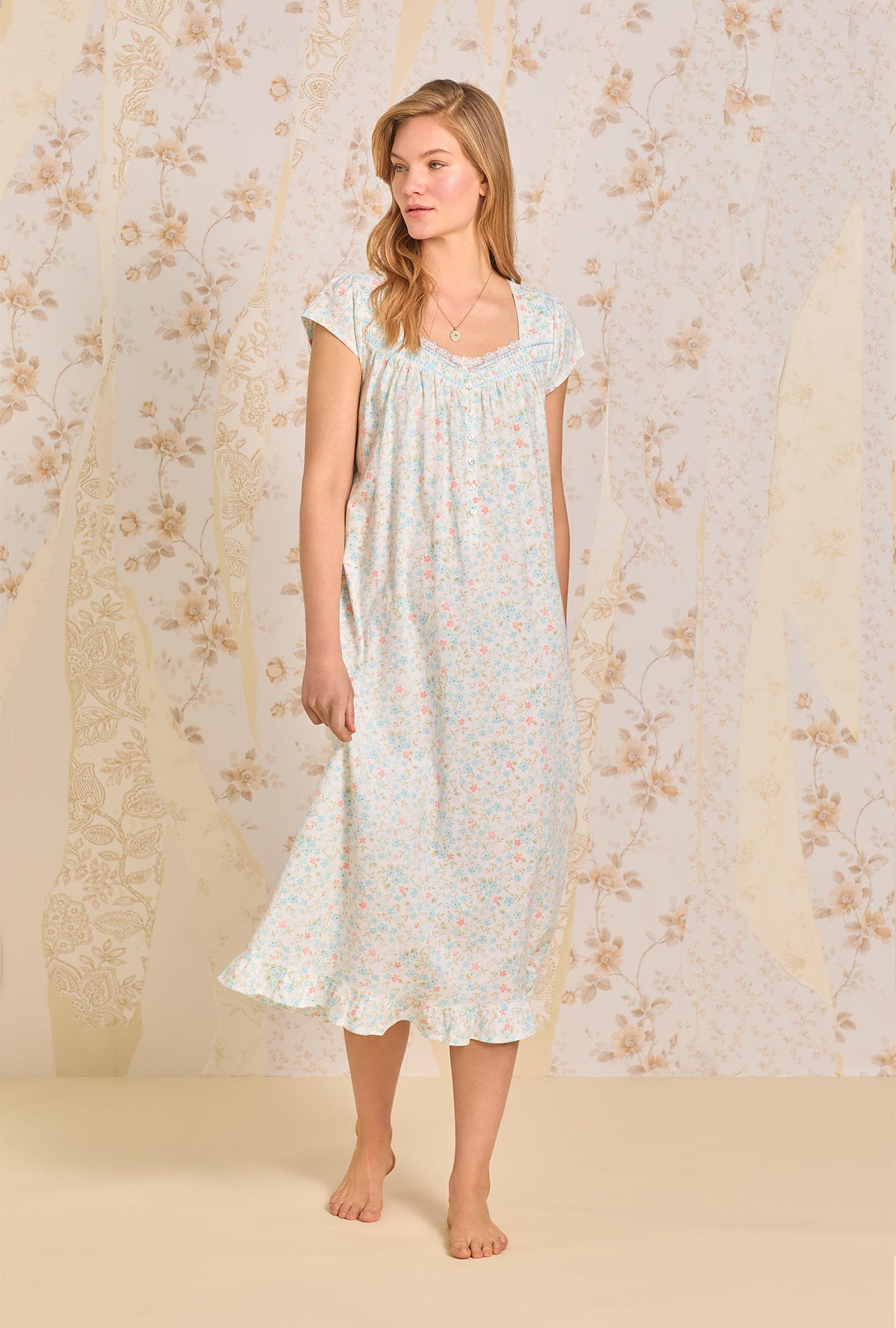 A lady wearing Summer Garden  Cotton Knit Nightgown