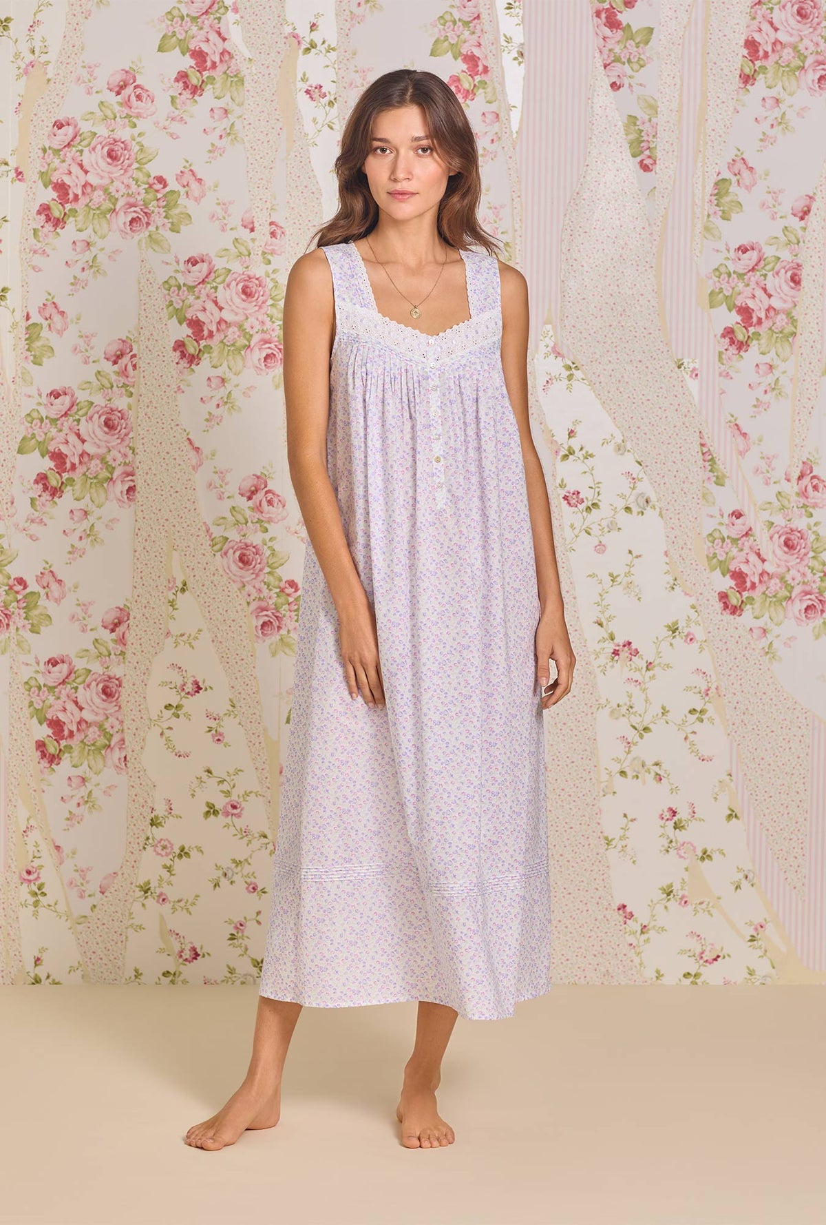 A lady wearing Wild Tulip &quot;Eileen&quot; Cotton Lawn Nightgown