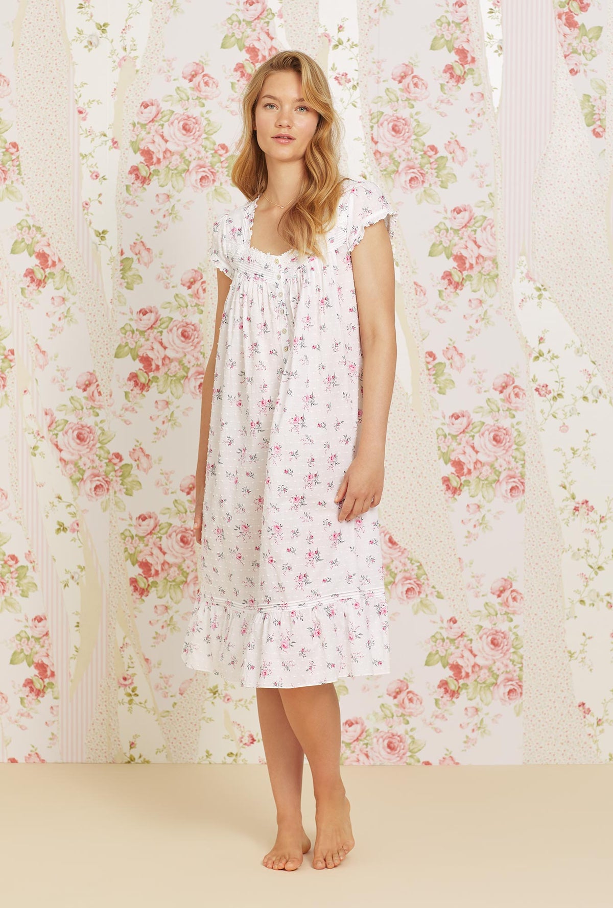 A lady wearing Swiss Dot Jubilee Floral Waltz Cotton Nightgown