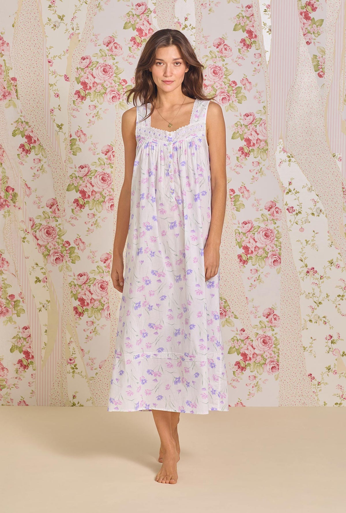 A lady wearing Royal Daisy &quot;Eileen&quot; Cotton Lawn Nightgown