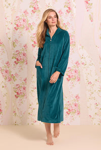 Lux Velour Long Zip Robe- Evergreen