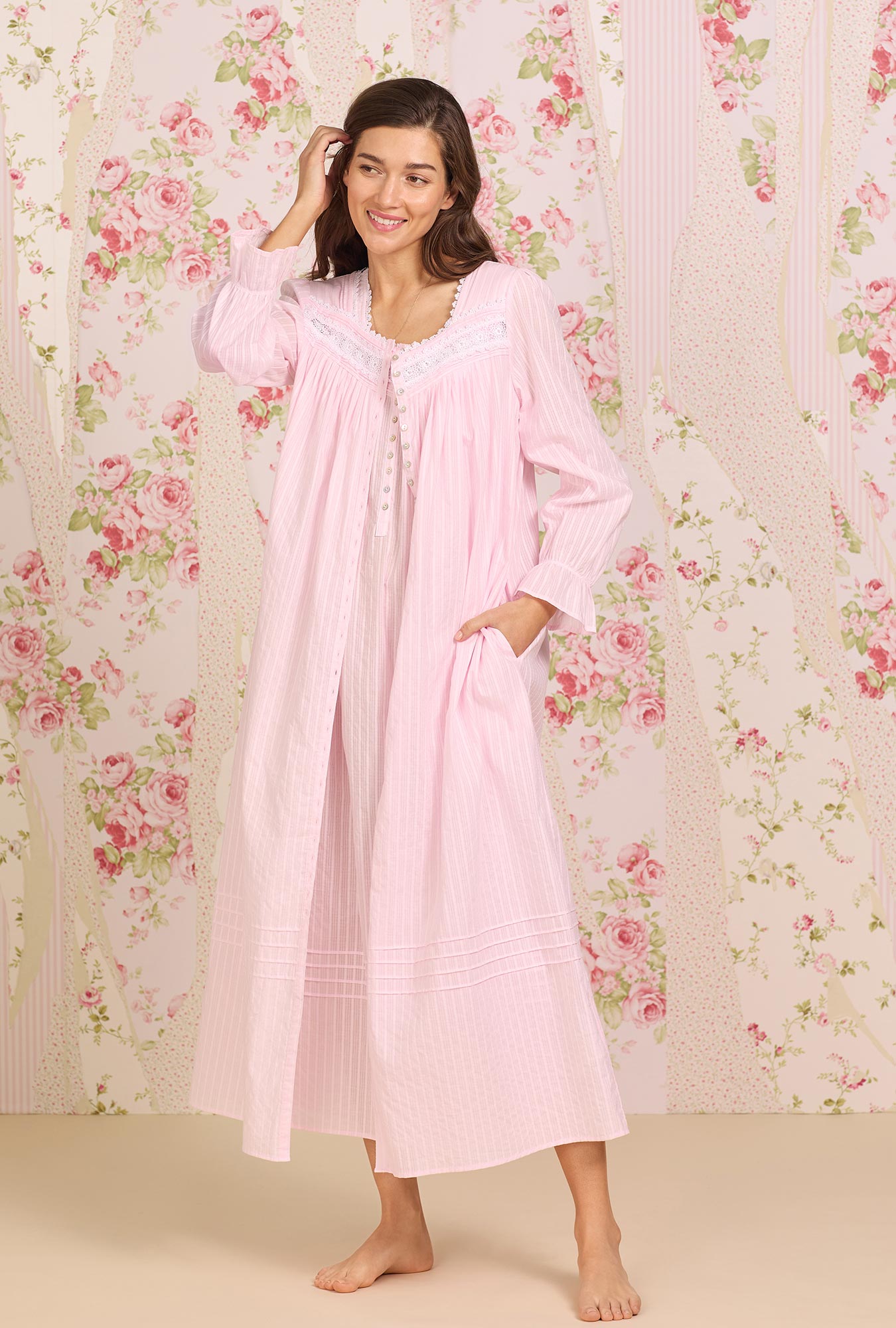 A lady wearing Dobby Stripe Button Front Robe