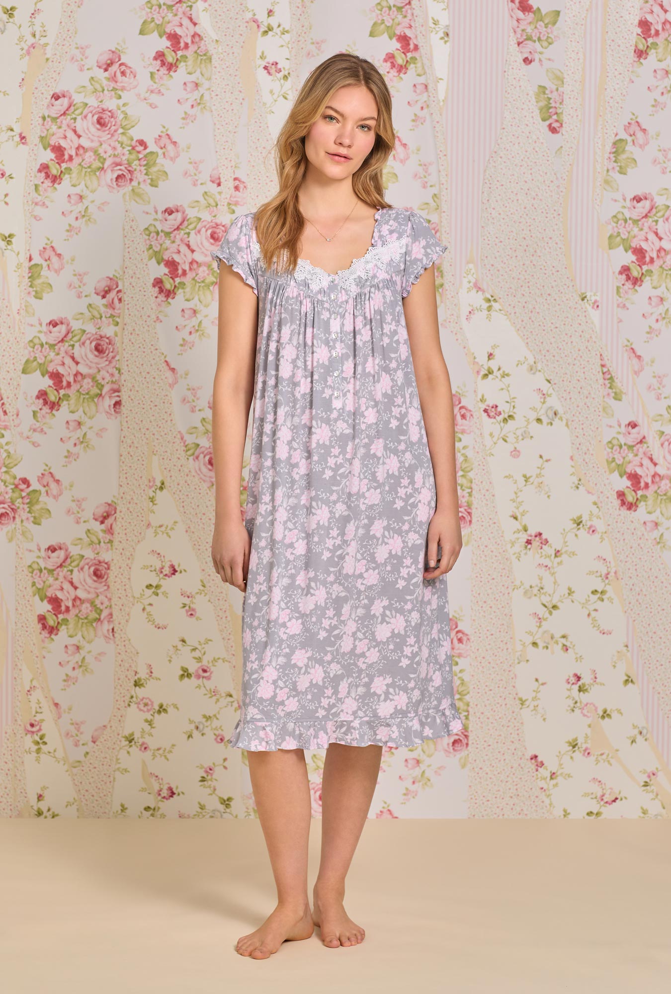 A lady wearing Tencel™ Water Roses Waltz Knit Nightgown