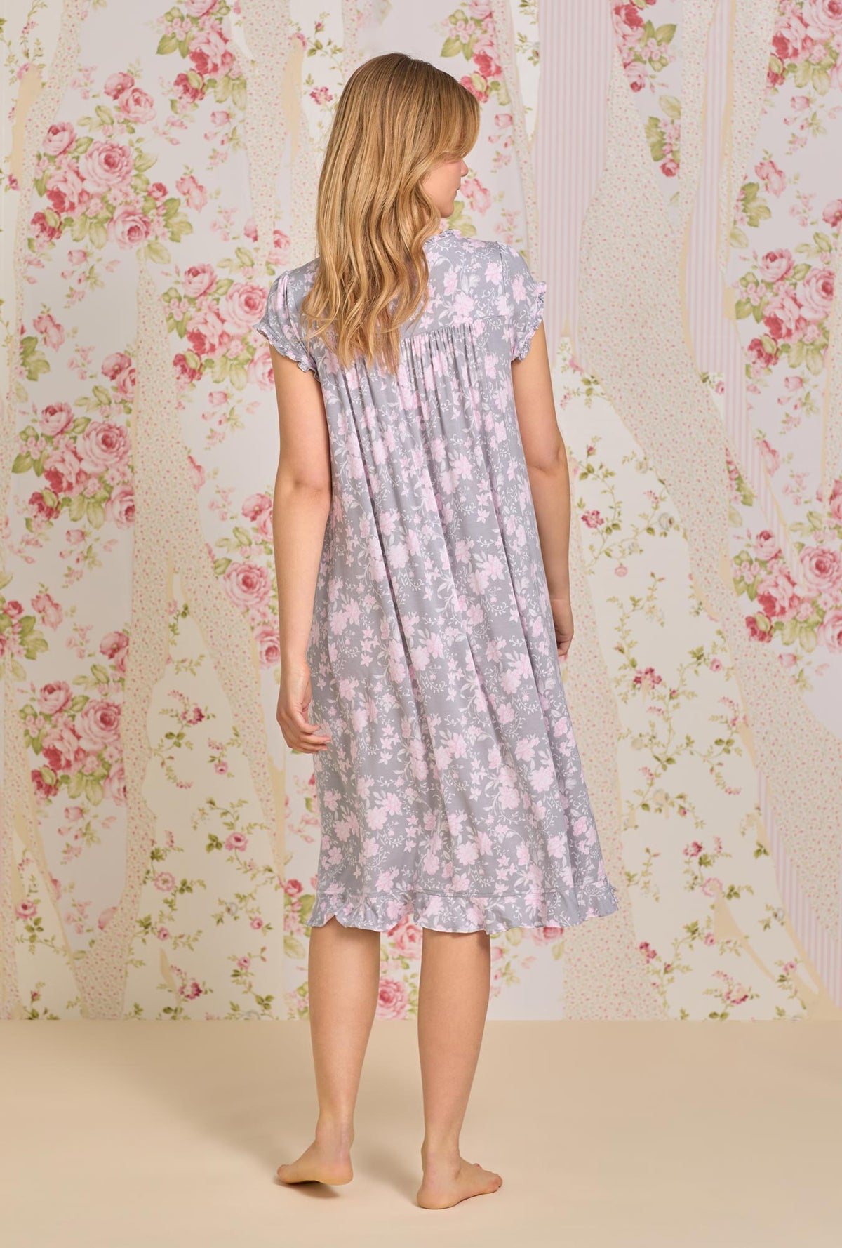 A lady wearing Tencel™ Water Roses Waltz Knit Nightgown