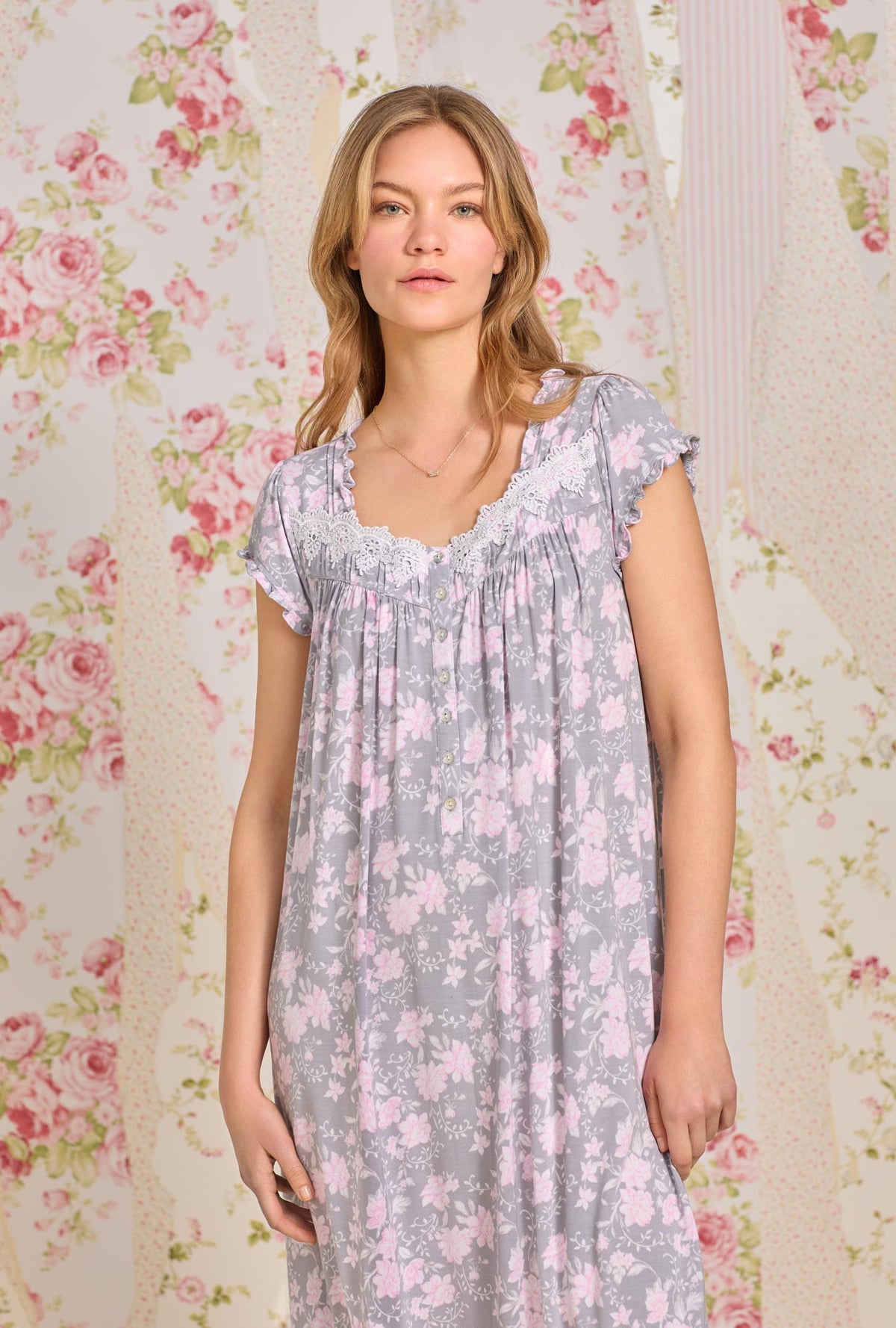 A lady wearing Tencel™ Water Roses Waltz Knit Nightgown