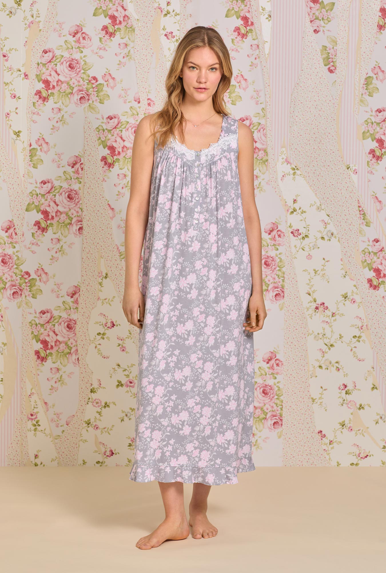 A lady wearing Tencel™ Water Roses Knit Nightgown