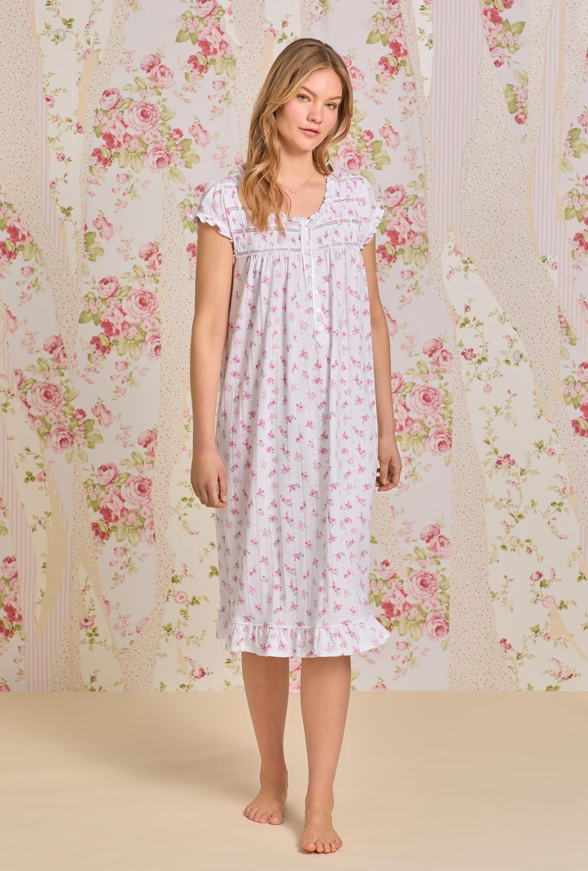 A lady wearing Dreamy Rose Pointelle Waltz Cap Sleeve Nightgown