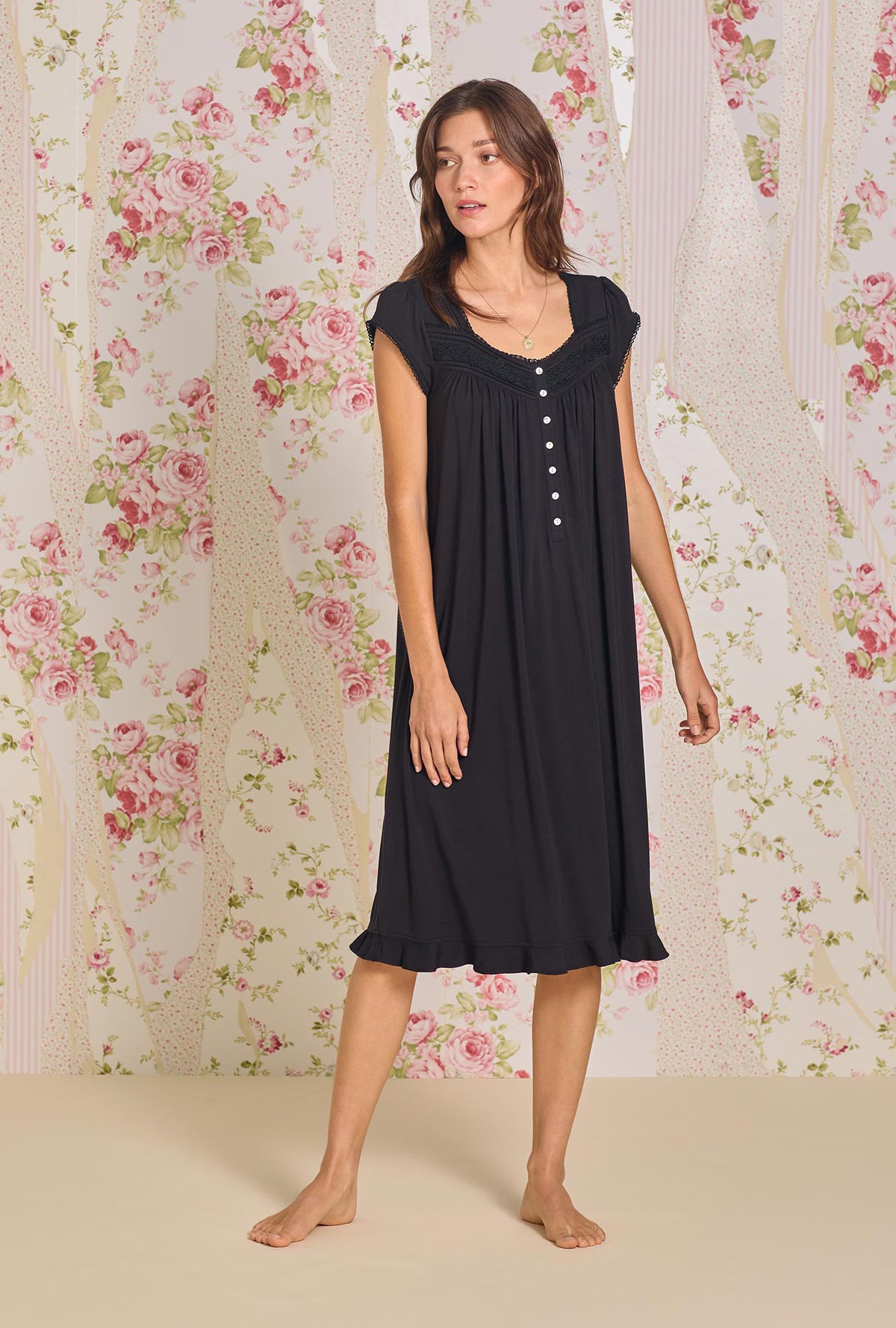 A lady wearing Iconic Black Tencel Modal Waltz Nightgown