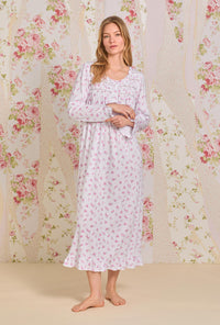 A lady wearing Dreamy Rose  Pointelle Long Sleeve Nightgown 