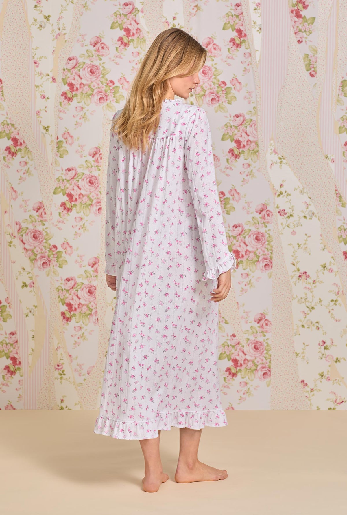 A lady wearing Dreamy Rose  Pointelle Long Sleeve Nightgown 