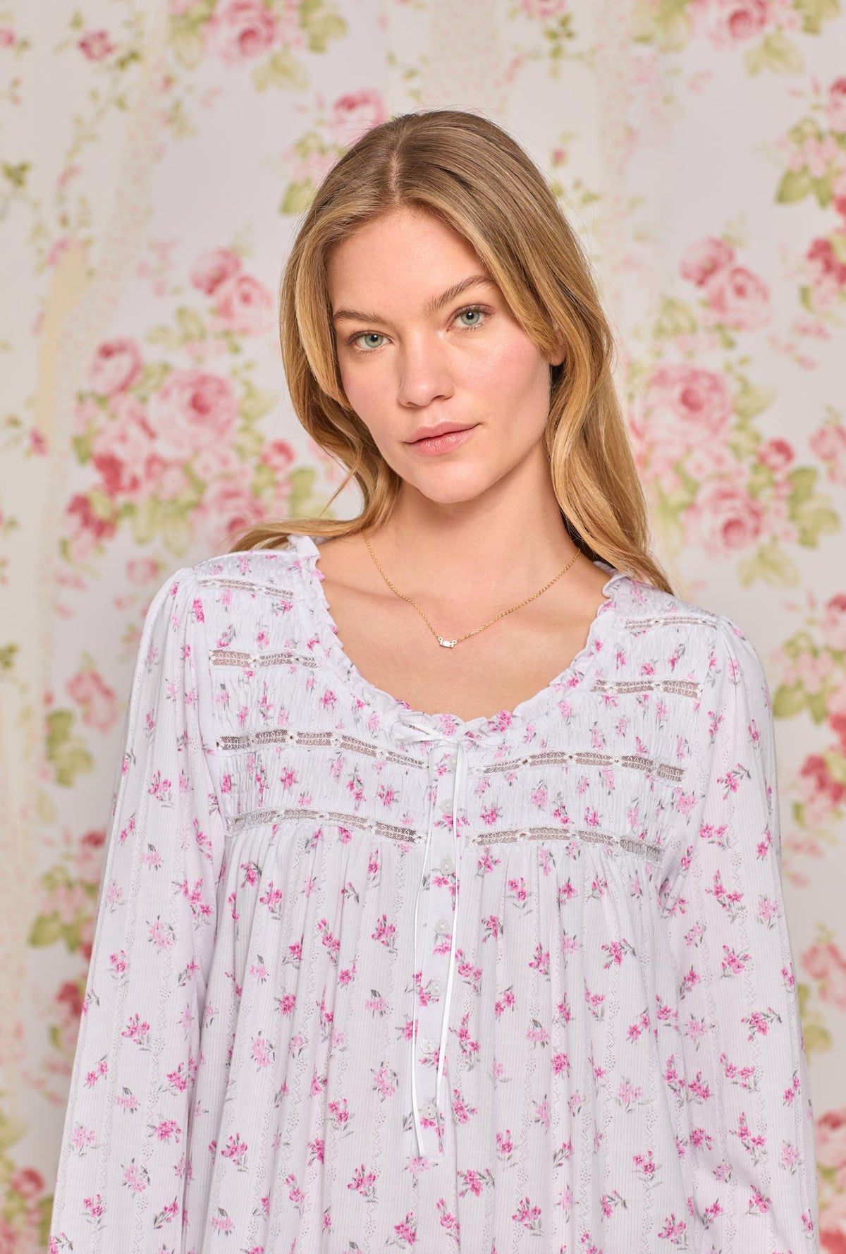 A lady wearing Dreamy Rose  Pointelle Long Sleeve Nightgown 