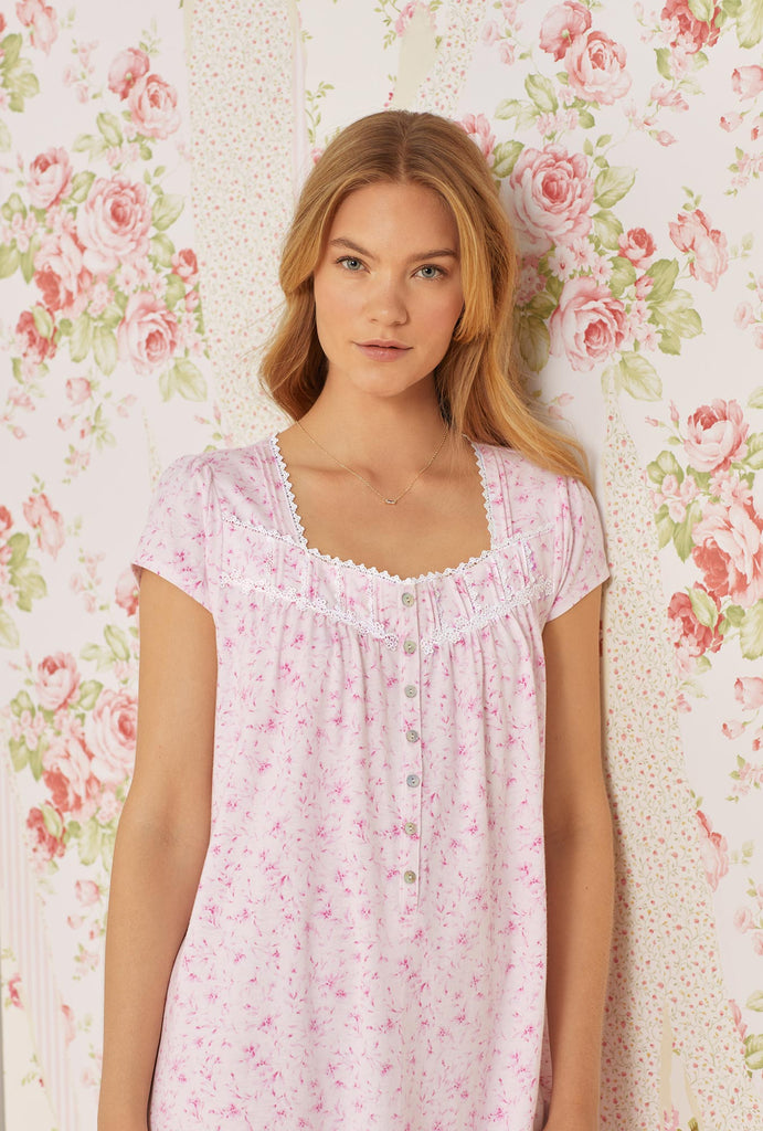 Eileen West 100% Cotton Knit Nightgown Pink Midi M, Crochet Detail