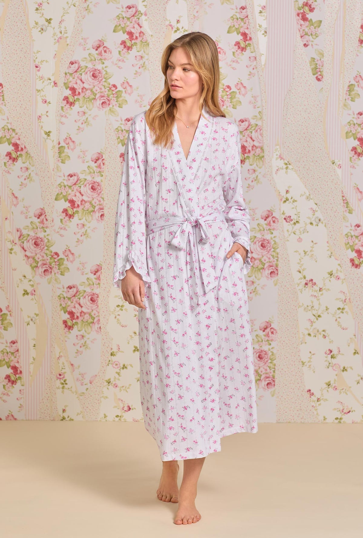 A lady wearing Dreamy Rose  Pointelle Long Wrap Robe