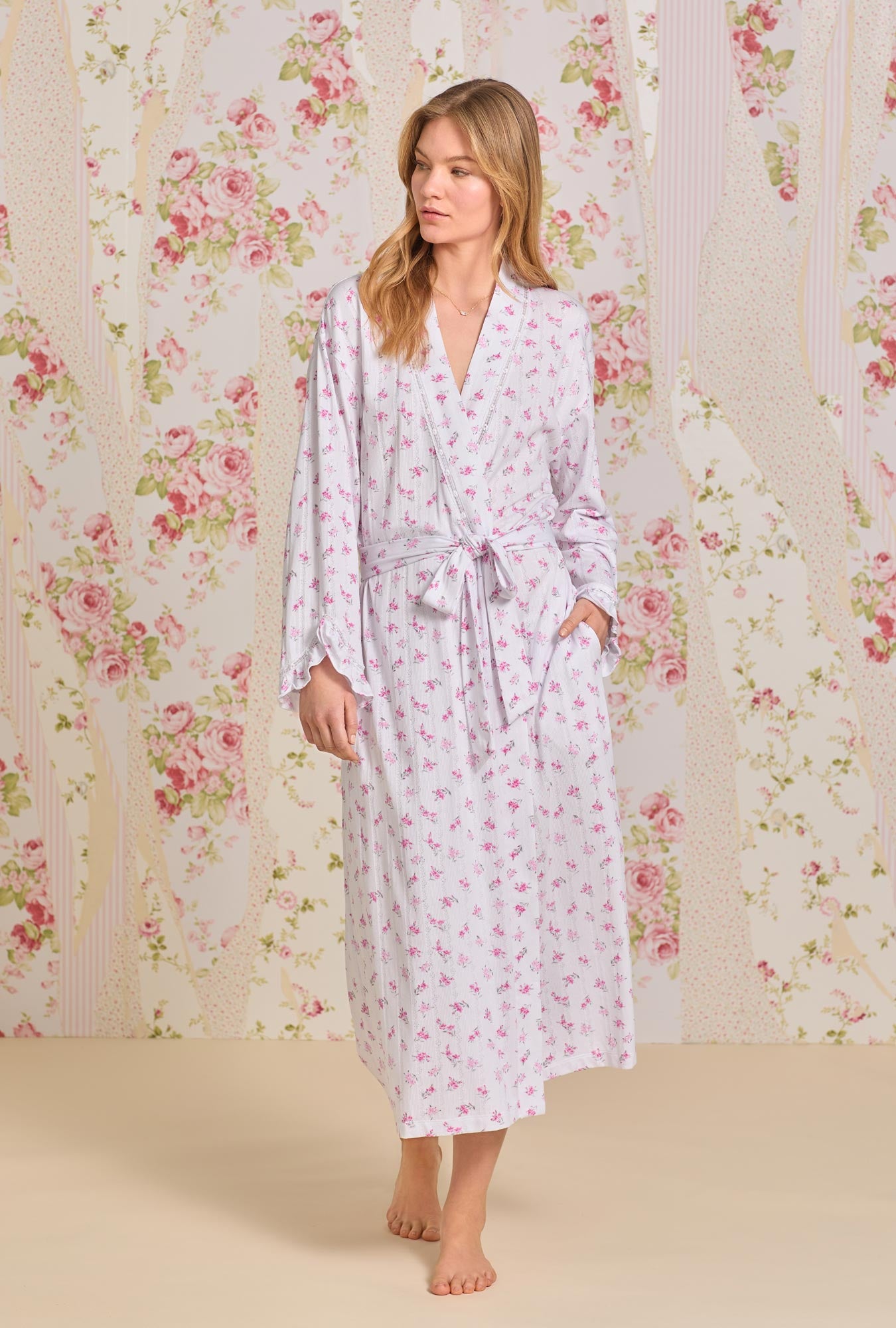 A lady wearing Dreamy Rose  Pointelle Long Wrap Robe