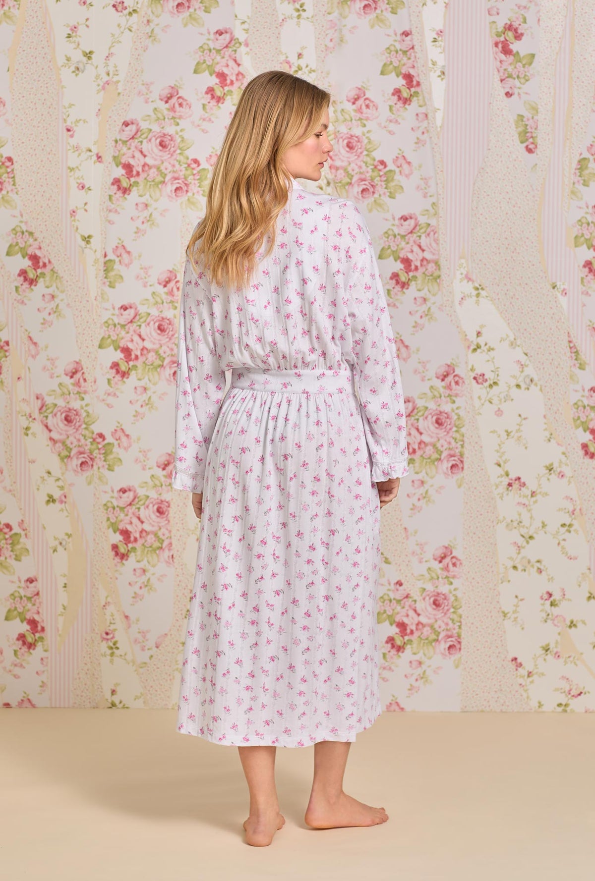 A lady wearing Dreamy Rose  Pointelle Long Wrap Robe