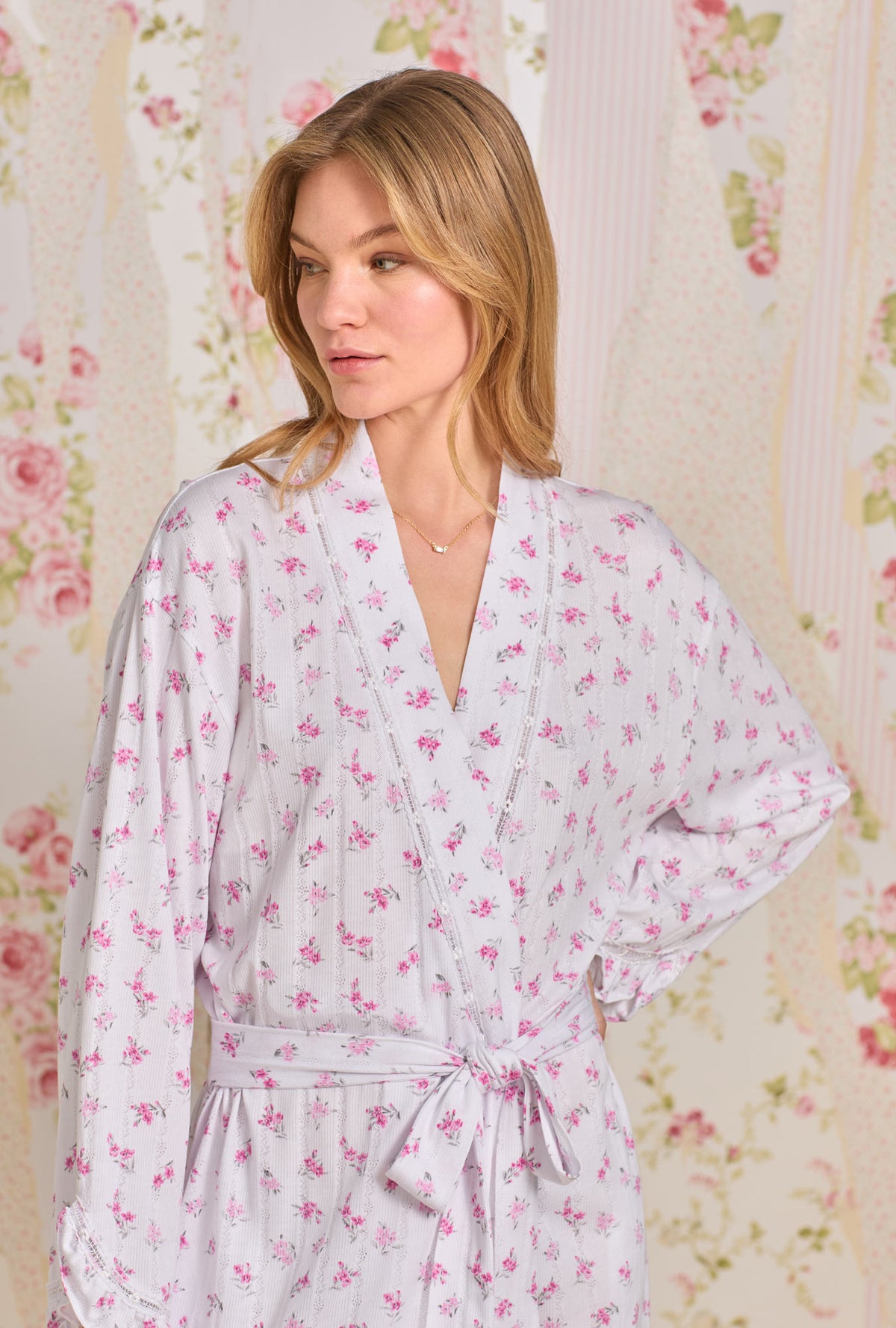 A lady wearing Dreamy Rose  Pointelle Long Wrap Robe