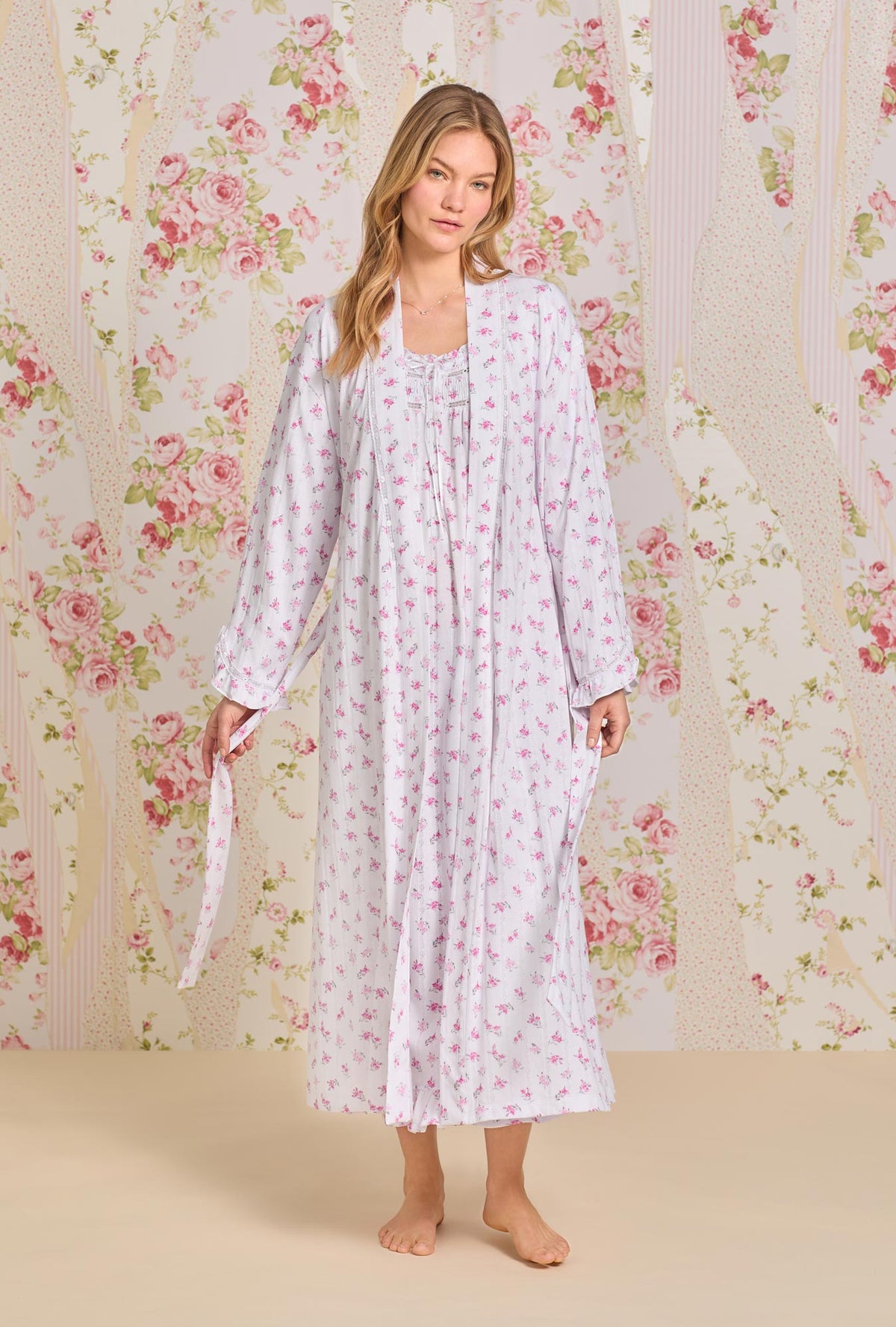 A lady wearing Dreamy Rose  Pointelle Long Wrap Robe