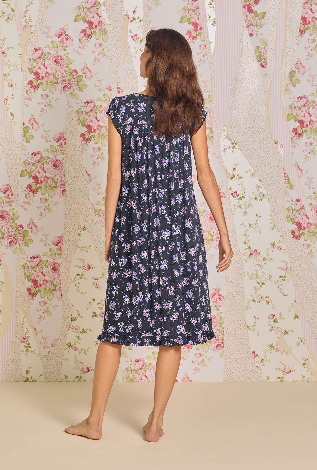 A lady wearing Winter Bouquet Tencel Modal Waltz Nightgown