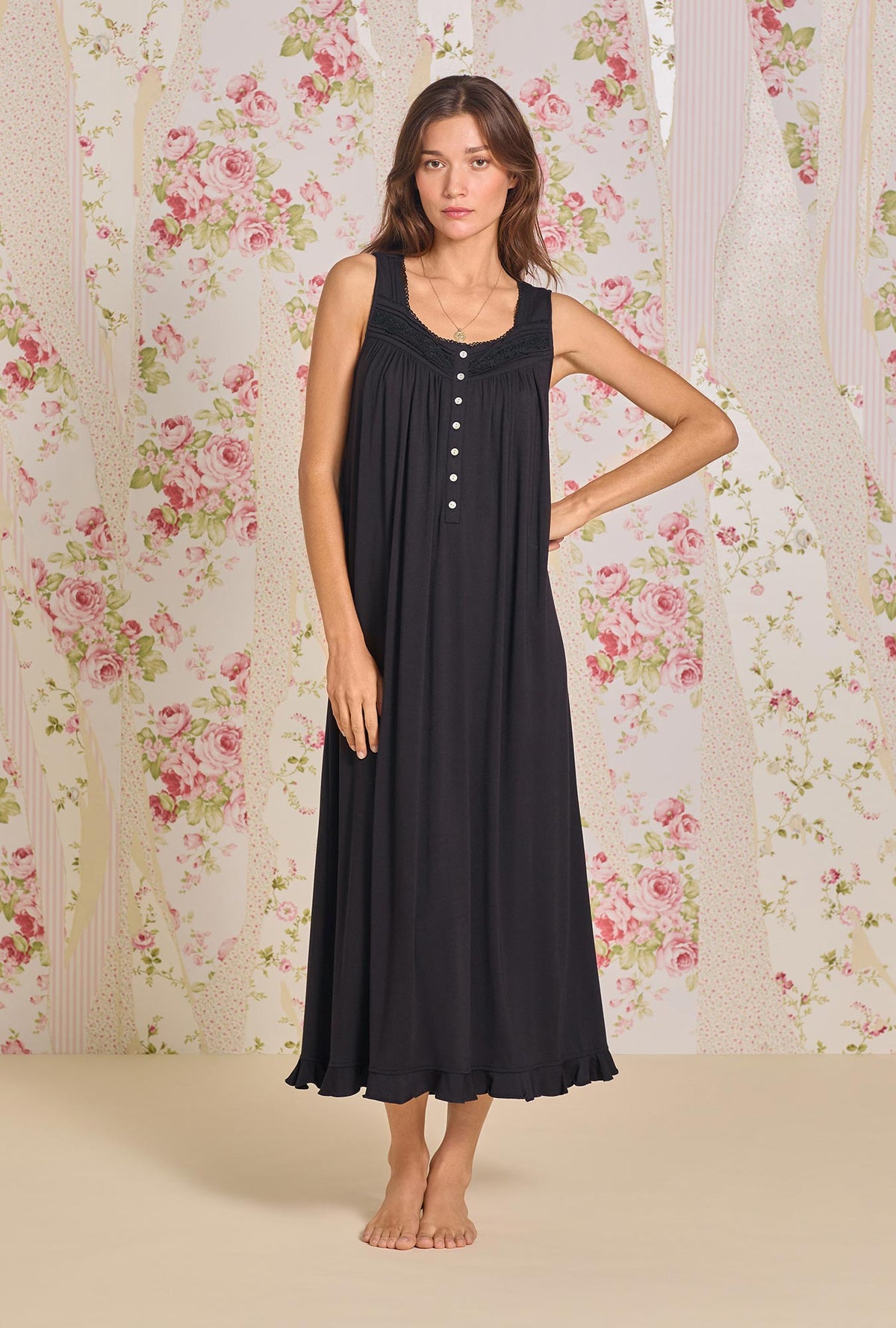 A lady wearing Iconic Black &quot;Eileen&quot; Tencel Modal Nightgown