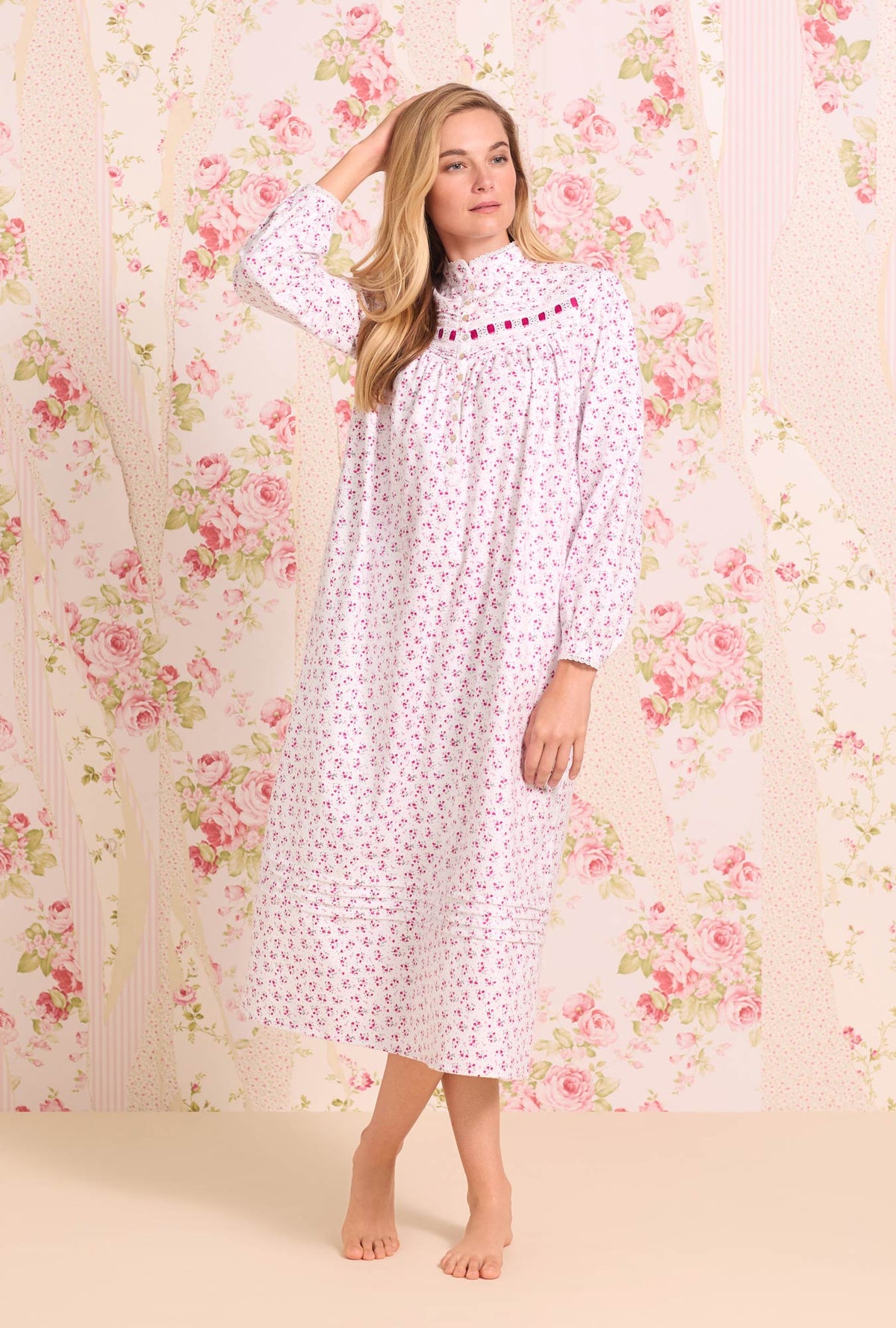 Sweet Holiday Floral Heritage Cotton Flannel Highneck Nightgown