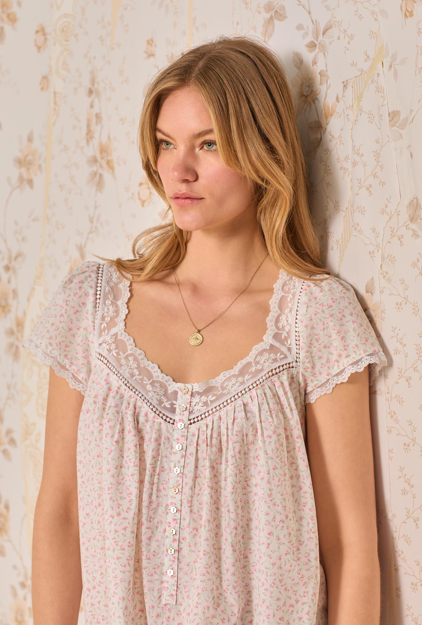 A lady wearing Apricot Floral Waltz Cotton Woven Nightgown