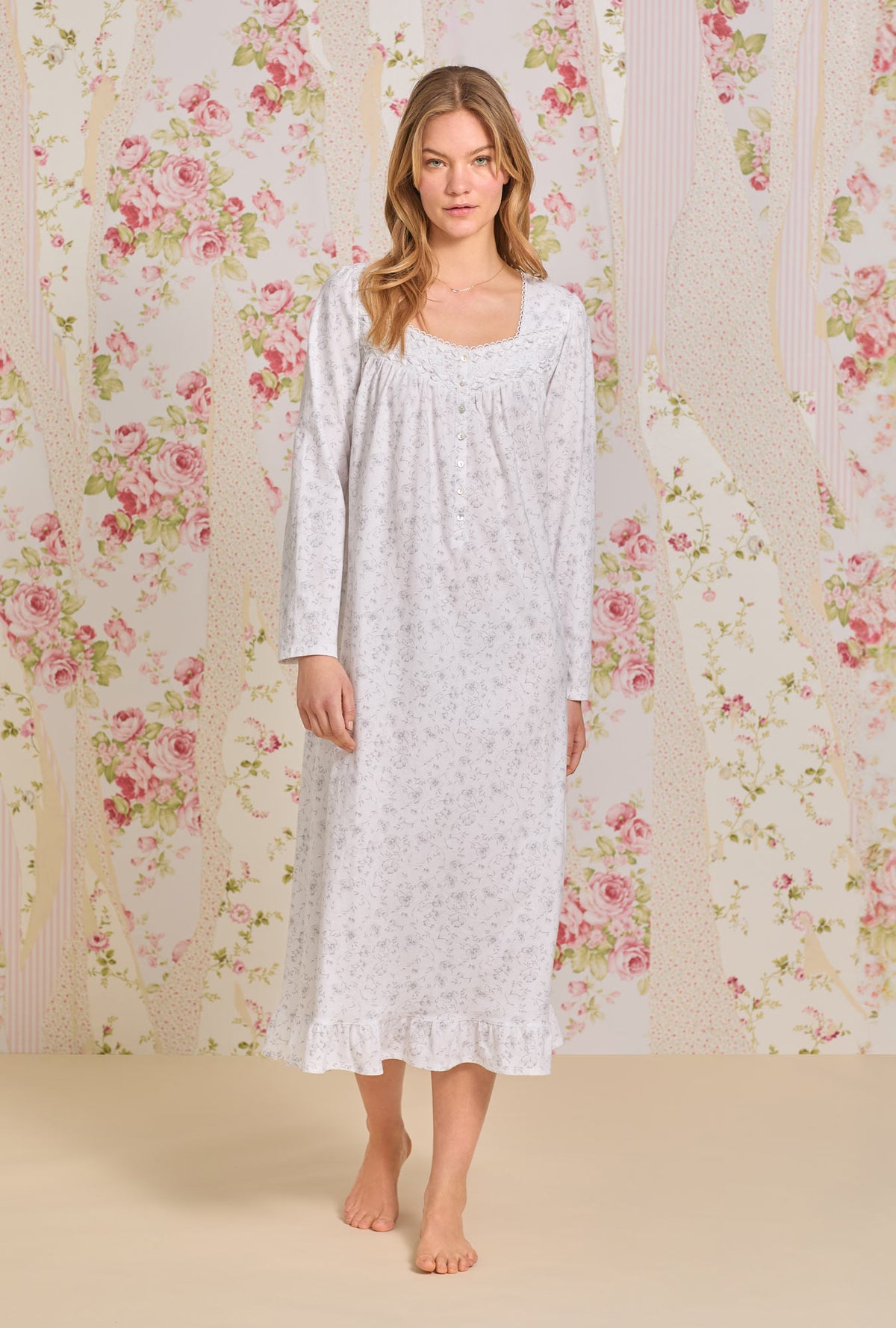 A lady wearing Grey Watercolor Floral Cotton Long Sleeve Knit Nightgown