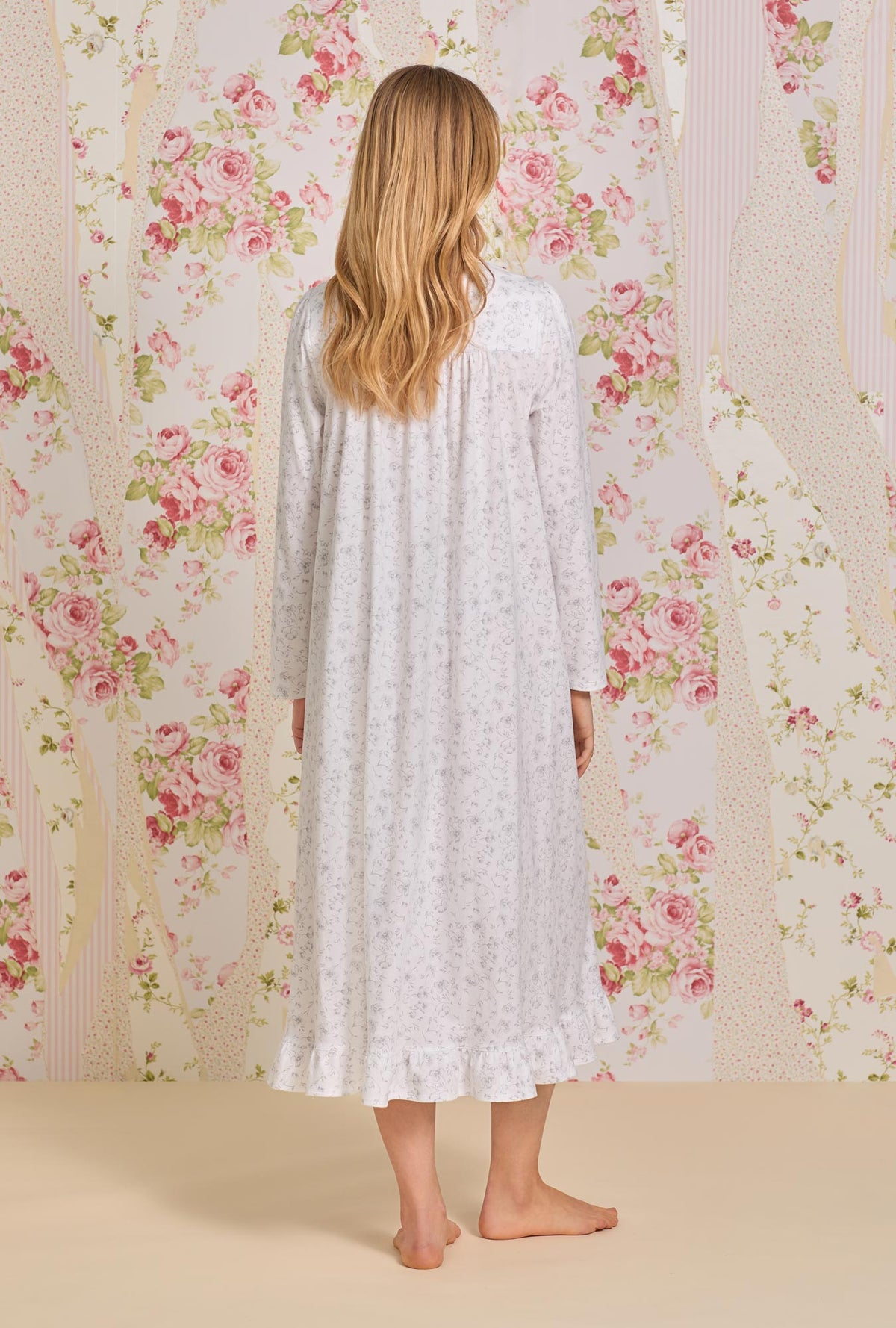 A lady wearing Grey Watercolor Floral Cotton Long Sleeve Knit Nightgown