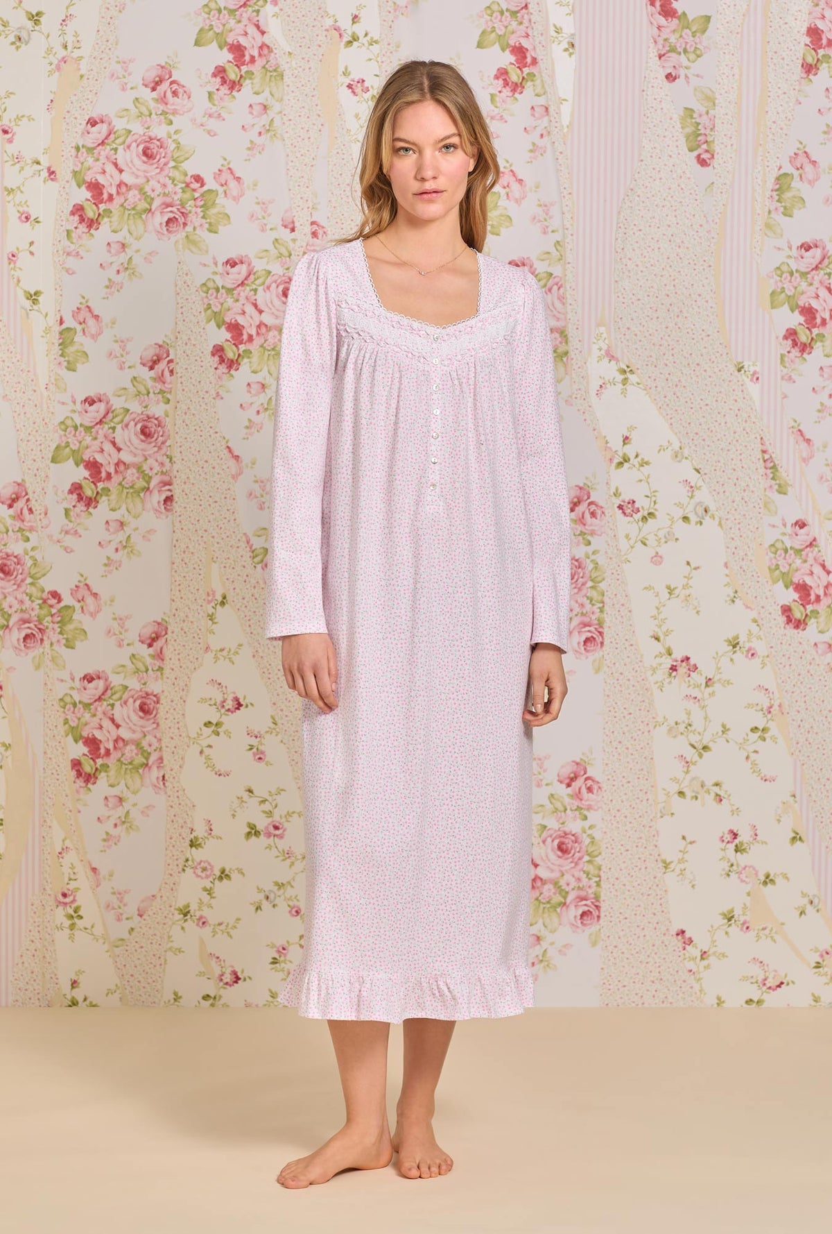 A lady wearing Pink Delicate Floral Cotton Long Sleeve Knit Nightgown