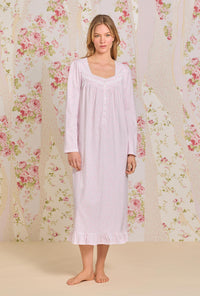 A lady wearing Pink Delicate Floral Cotton Long Sleeve Knit Nightgown