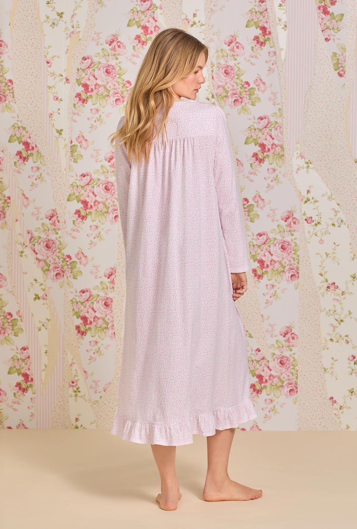 A lady wearing Pink Delicate Floral Cotton Long Sleeve Knit Nightgown