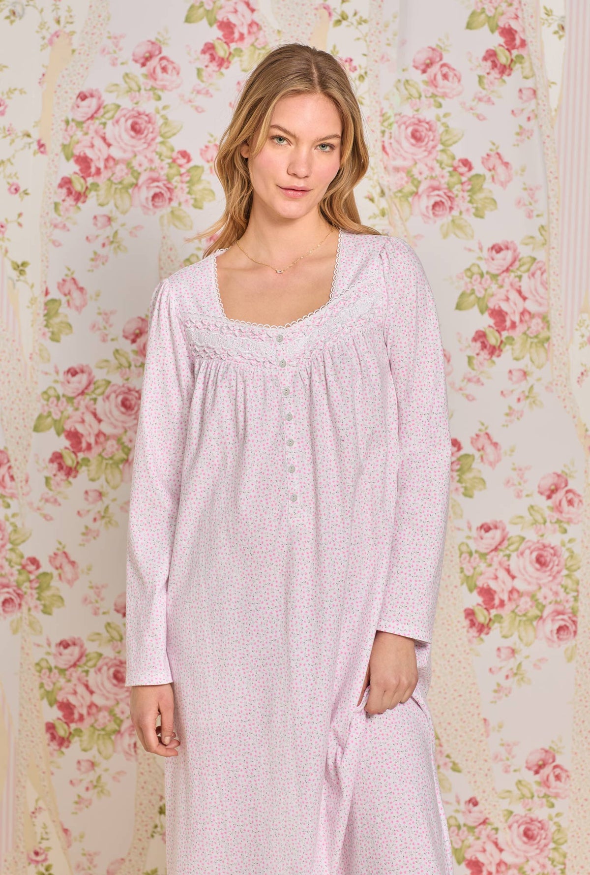 A lady wearing Pink Delicate Floral Cotton Long Sleeve Knit Nightgown