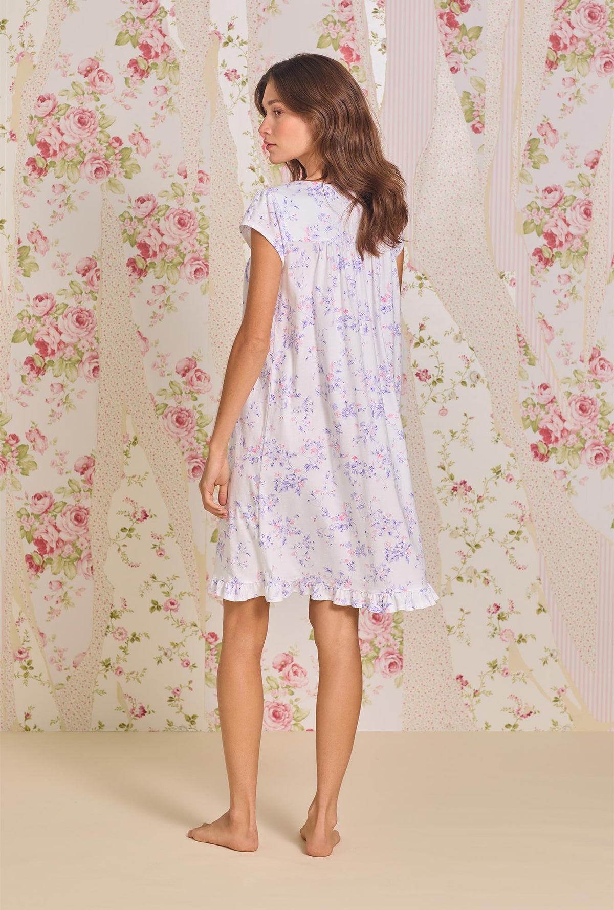 A lady wearing Petite Floral Cotton Knit Short Nightgown