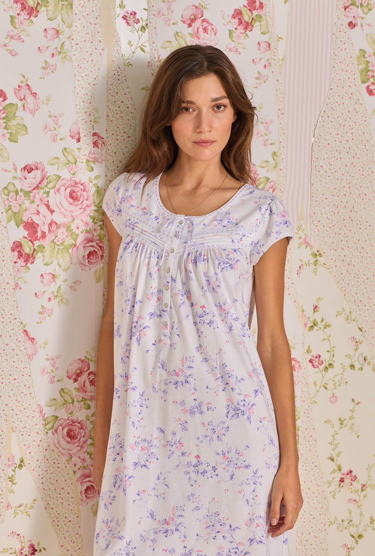 A lady wearing Petite Floral Cotton Knit Short Nightgown